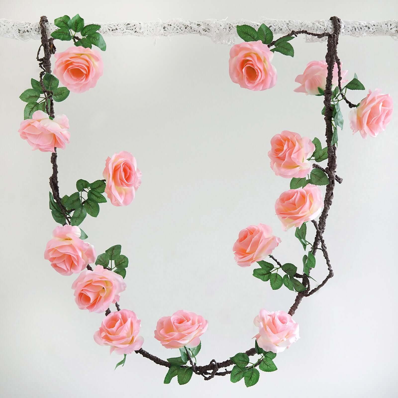 6ft Long Pink Artificial Silk Rose Garland with 14 Lifelike Flowers