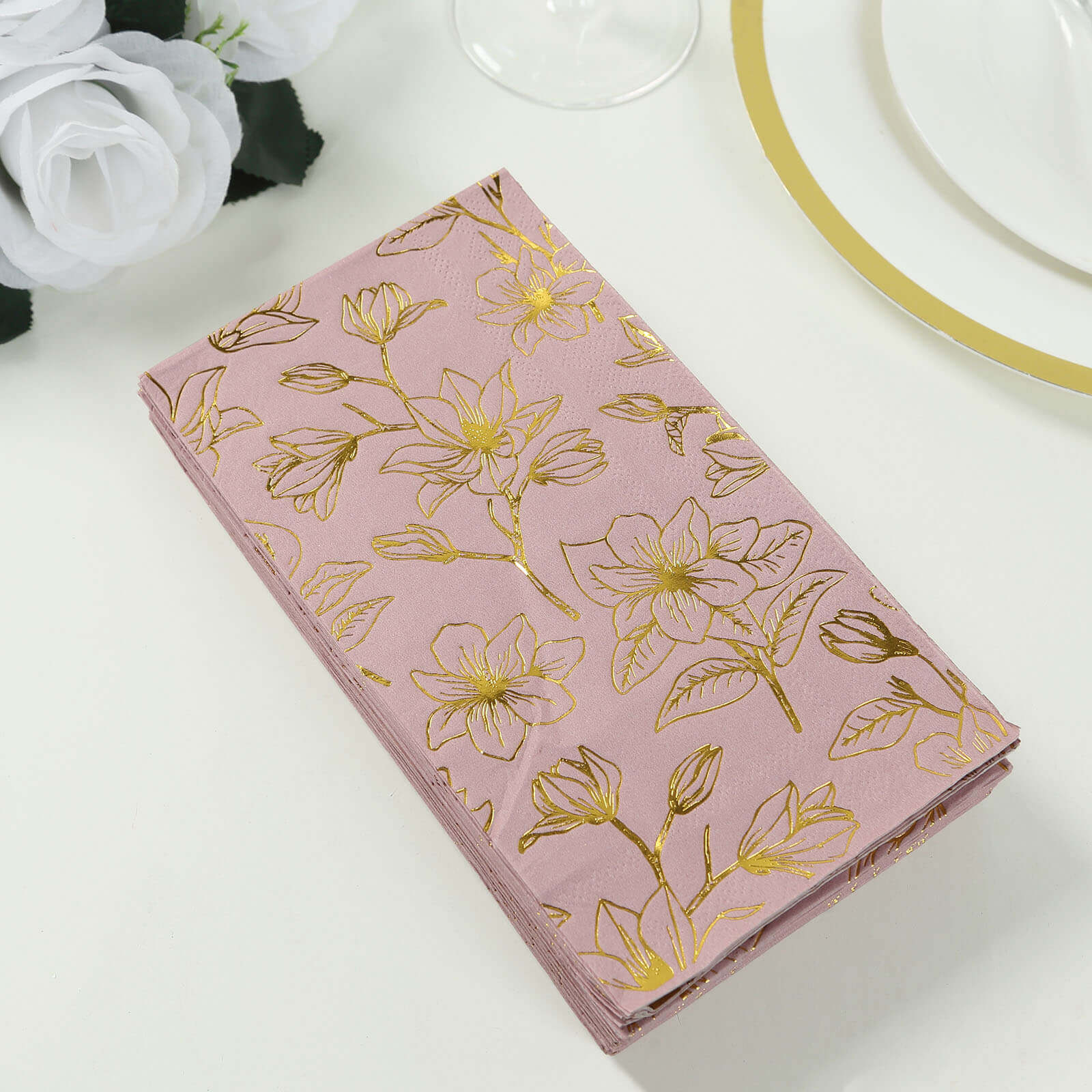 50-Pack Disposable 2-Ply Soft Paper Dinner Napkins in Dusty Rose with Gold Magnolia Prints for Parties