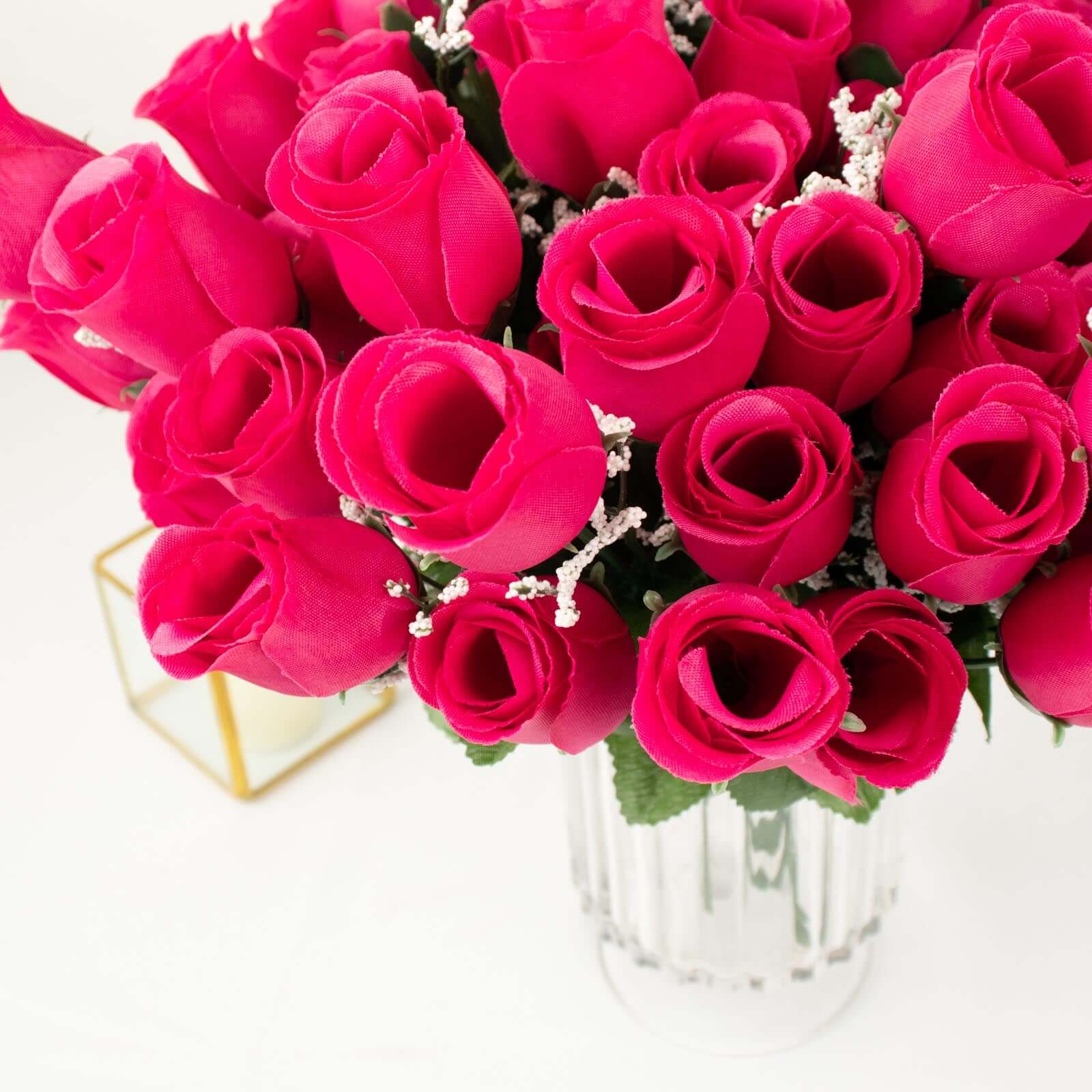 Premium Artificial Silk Fuchsia Rose Bud Bouquets - Set of 12 Bushes for Decor
