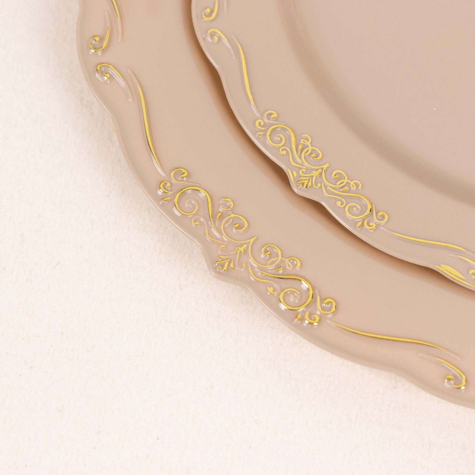 10-Pack Taupe Plastic Round Dessert Plates with Gold Vintage Embossed Scalloped Edge