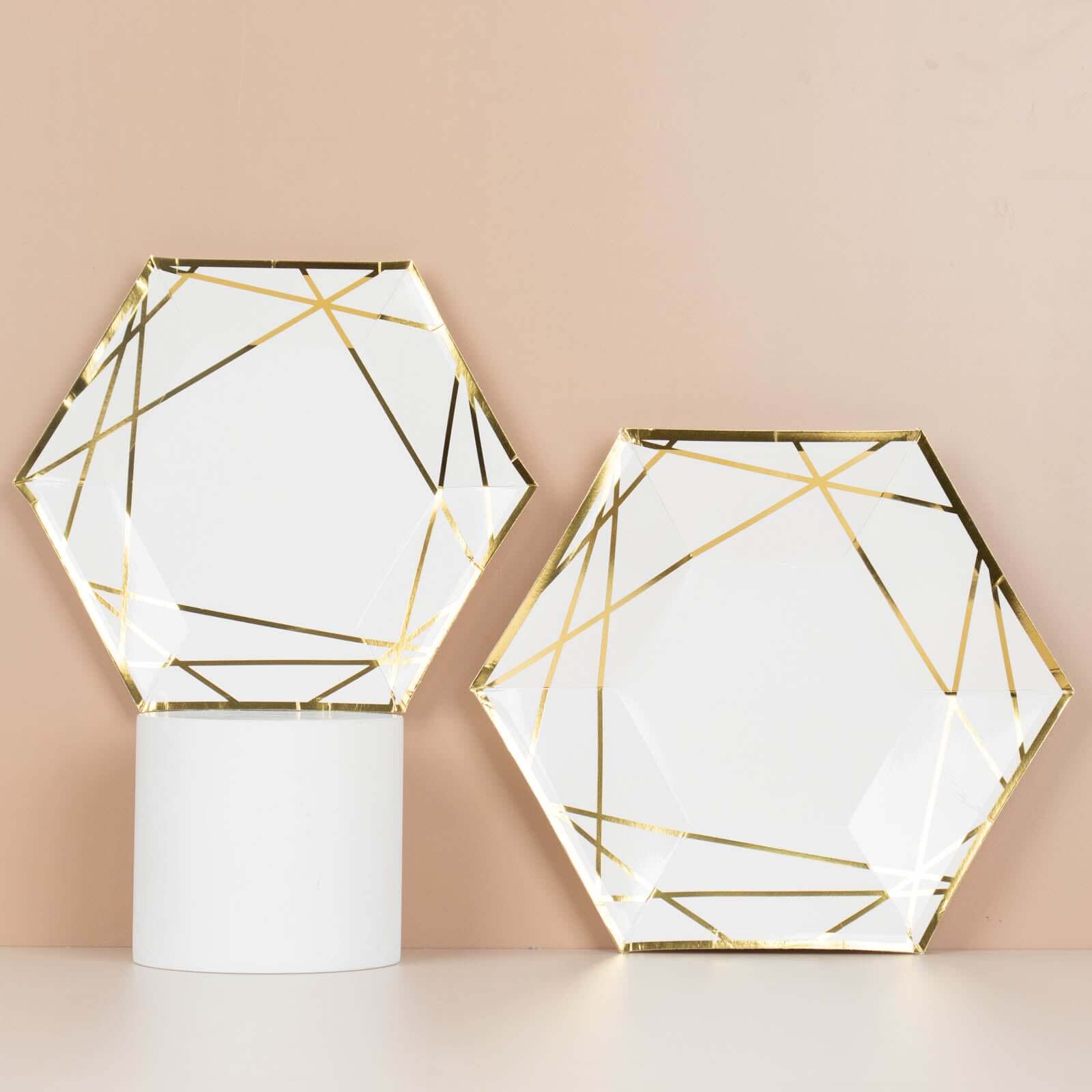 25-Pack White Paper Hexagon Dinner Plates with Gold Geometric Design - Great Value!