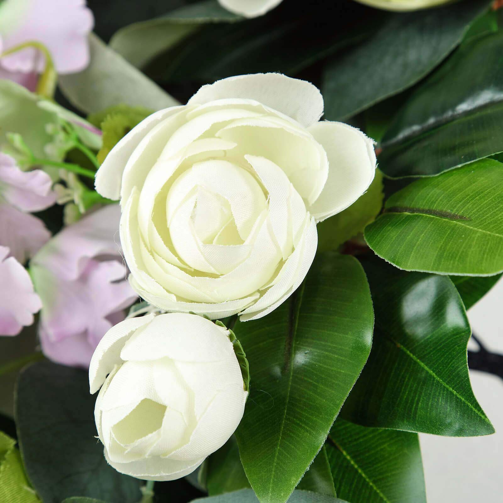 40-Foot Artificial Silk Cream Ranunculus and Eucalyptus Willow Leaf Garland - Ideal Decor