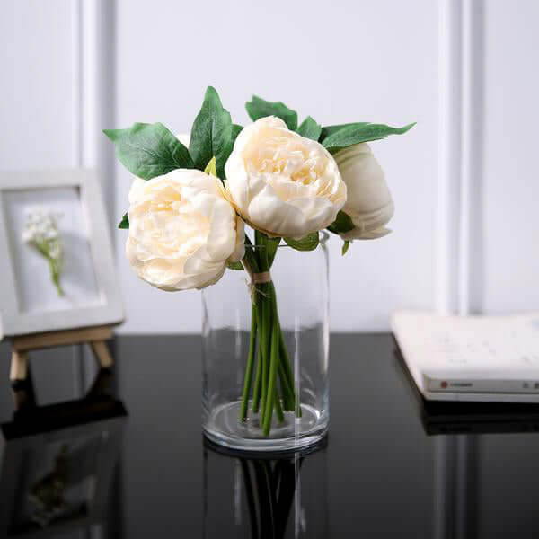 Stunning Beige Artificial Silk Peony Bouquet - 5 Flower Heads
