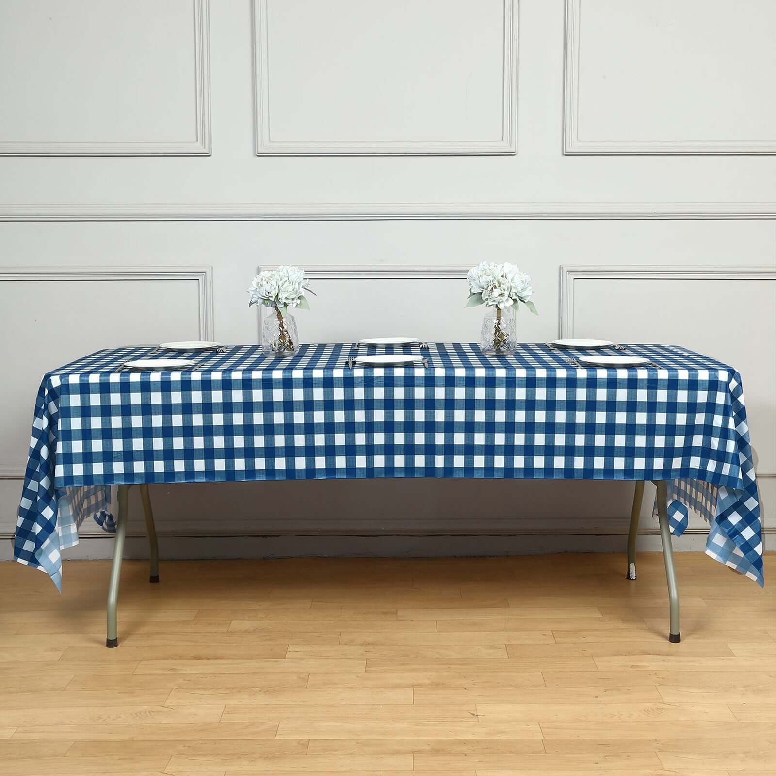 5-Pack Durable PVC Disposable Navy Blue Checkered Rectangle Plastic Table Covers for Events, 54x108