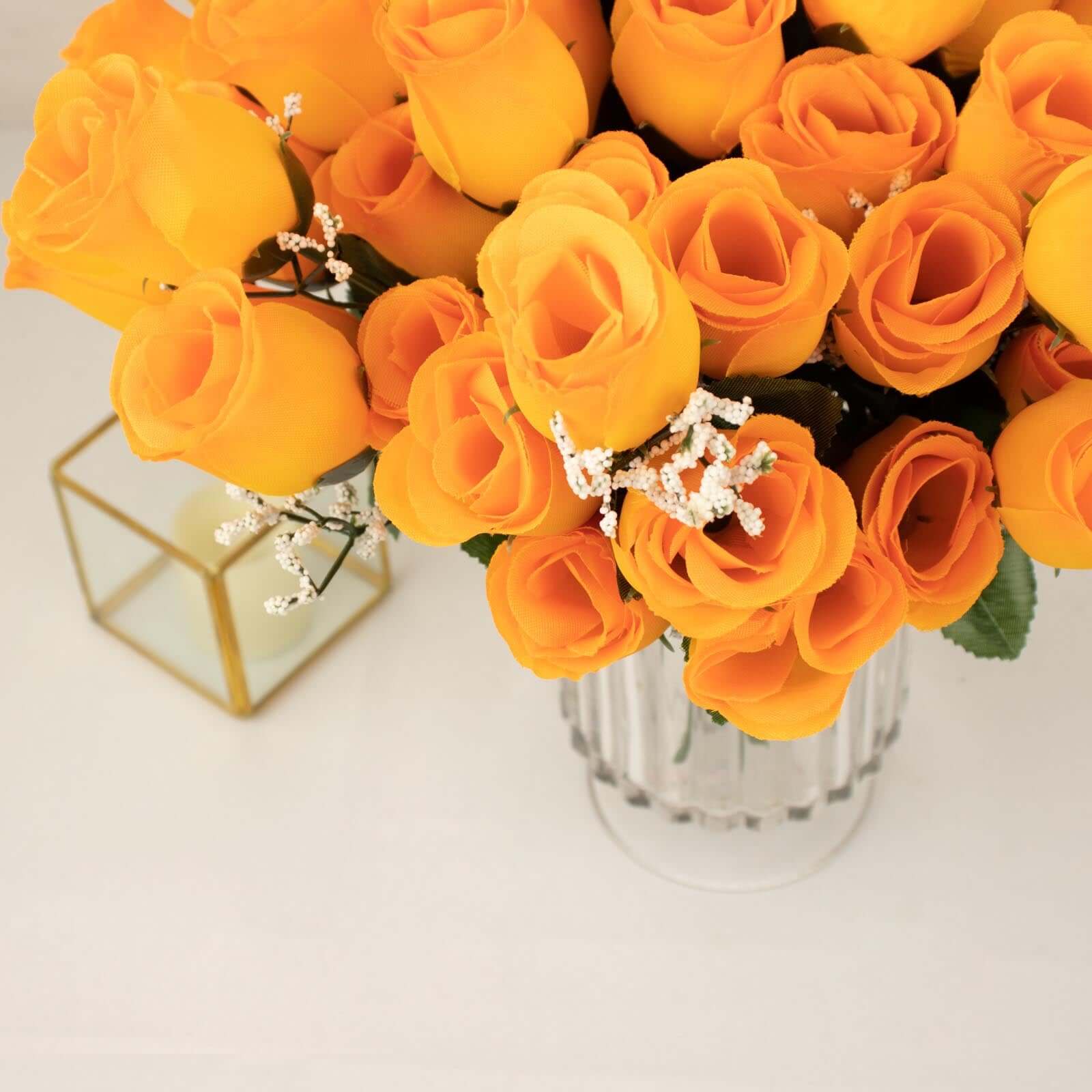 12 Bushes of Premium Orange Artificial Silk Rose Bud Bouquets