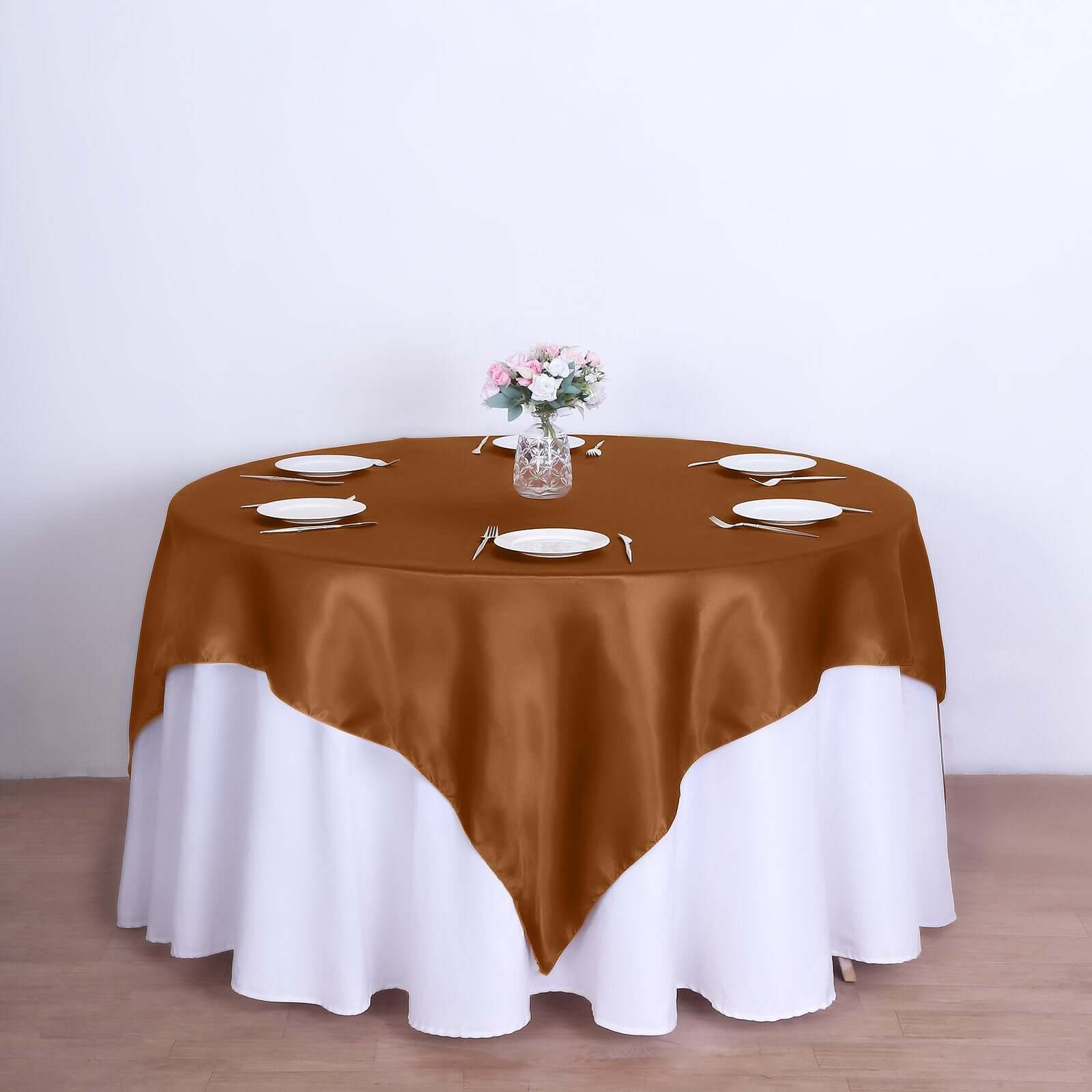 Cinnamon Brown Satin 72x72 Square Table Overlay with Smooth Finish