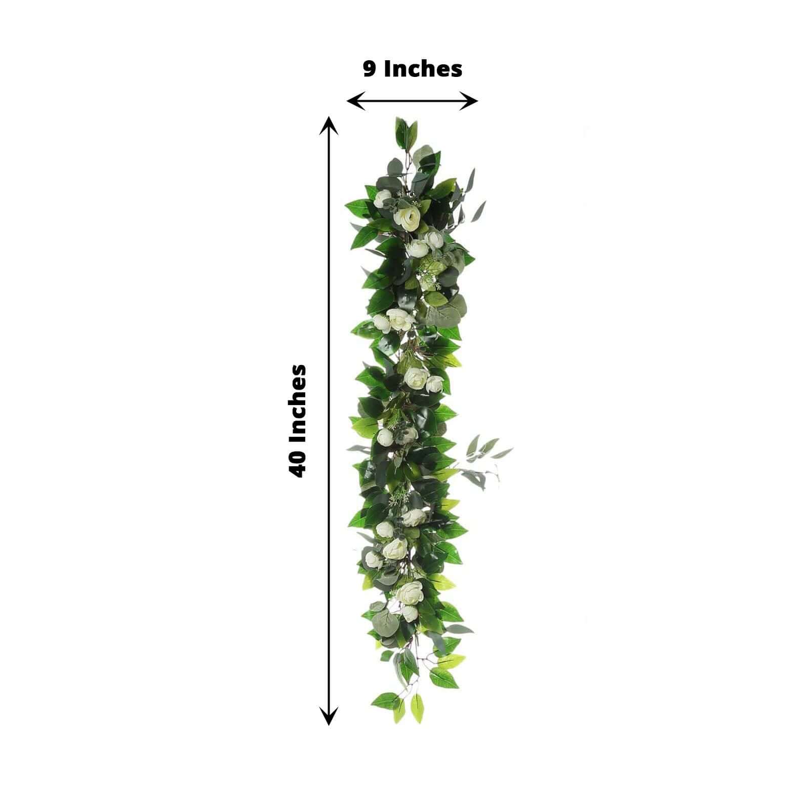 40-Foot Artificial Silk Cream Ranunculus and Eucalyptus Willow Leaf Garland - Ideal Decor