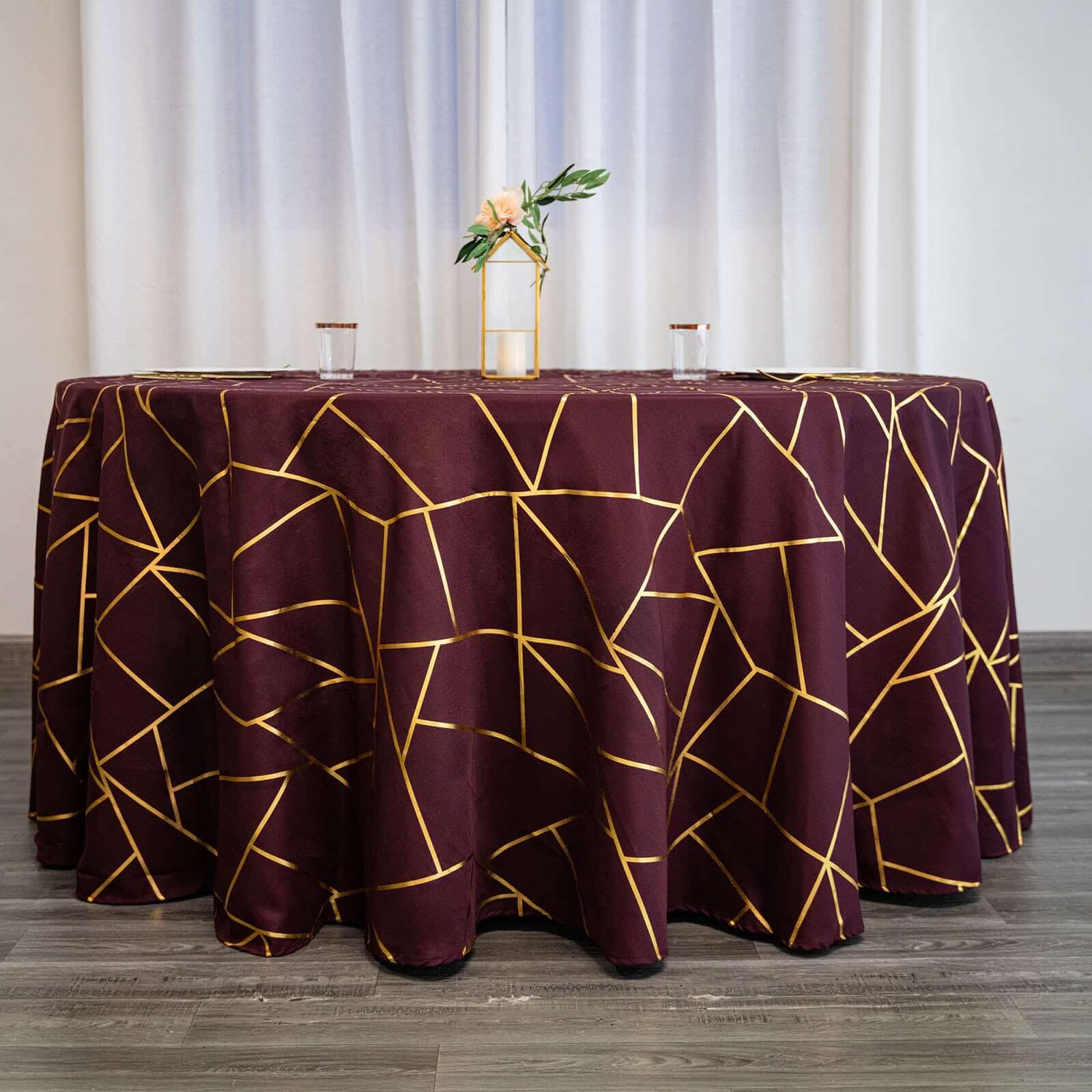 Exclusive 120-Inch Burgundy Polyester Seamless Round Tablecloth with Gold Foil Geometric Design for 5-Foot Tables