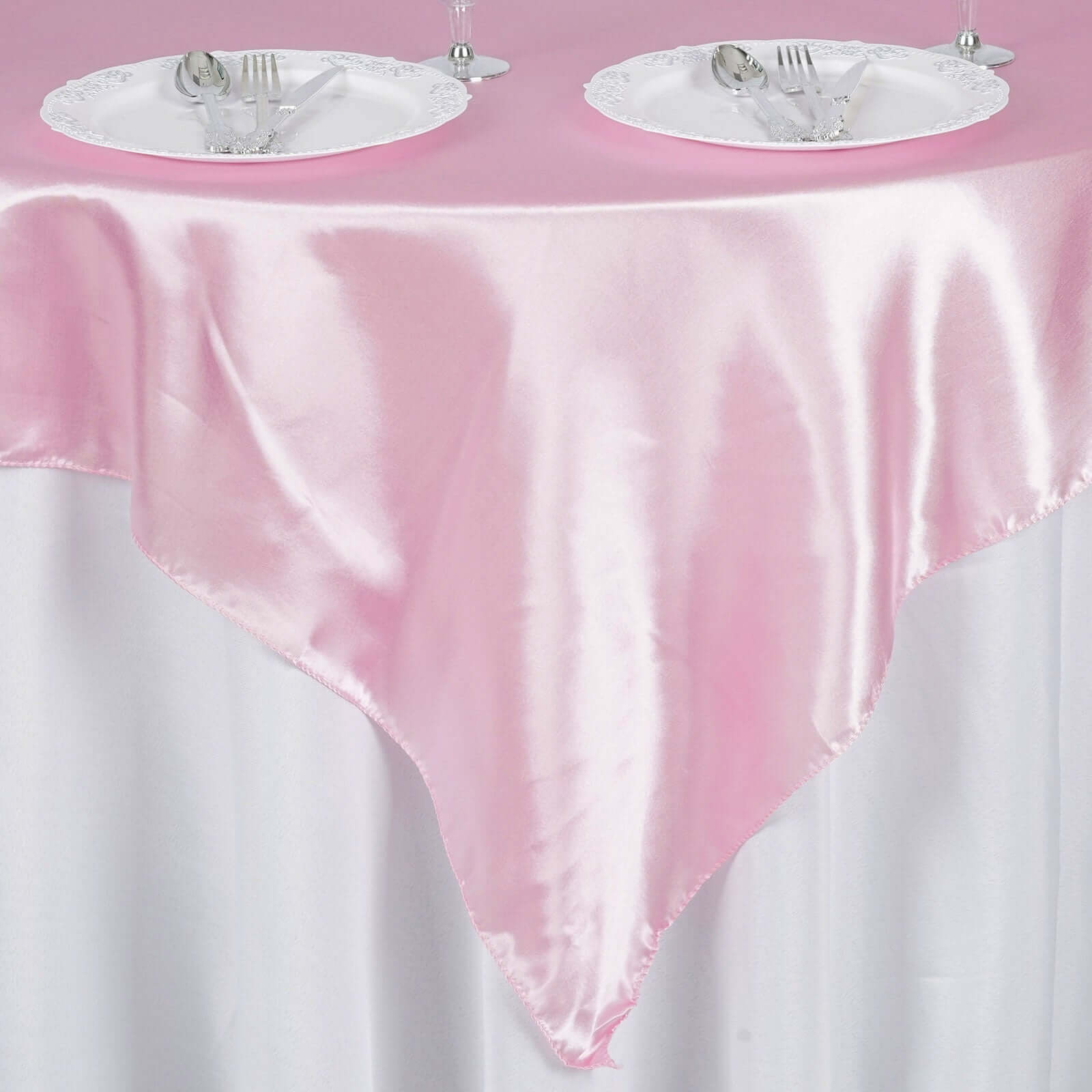 Hot Sale! Pink Satin Square Table Overlay 60x60 - Soft and Silky Table Cover