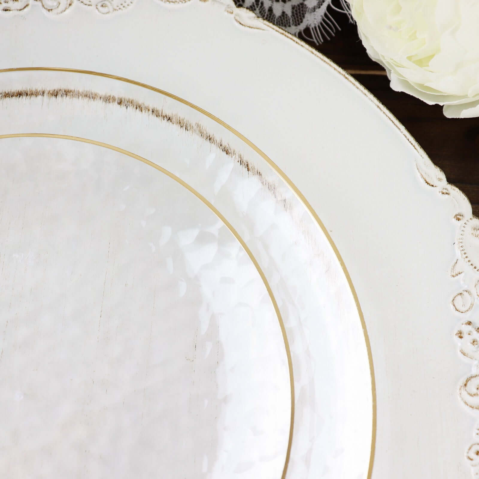 Hot Deal! 10-Pack Clear Plastic Round Dessert Plates with Hammered Gold Rim - Disposable & Modern