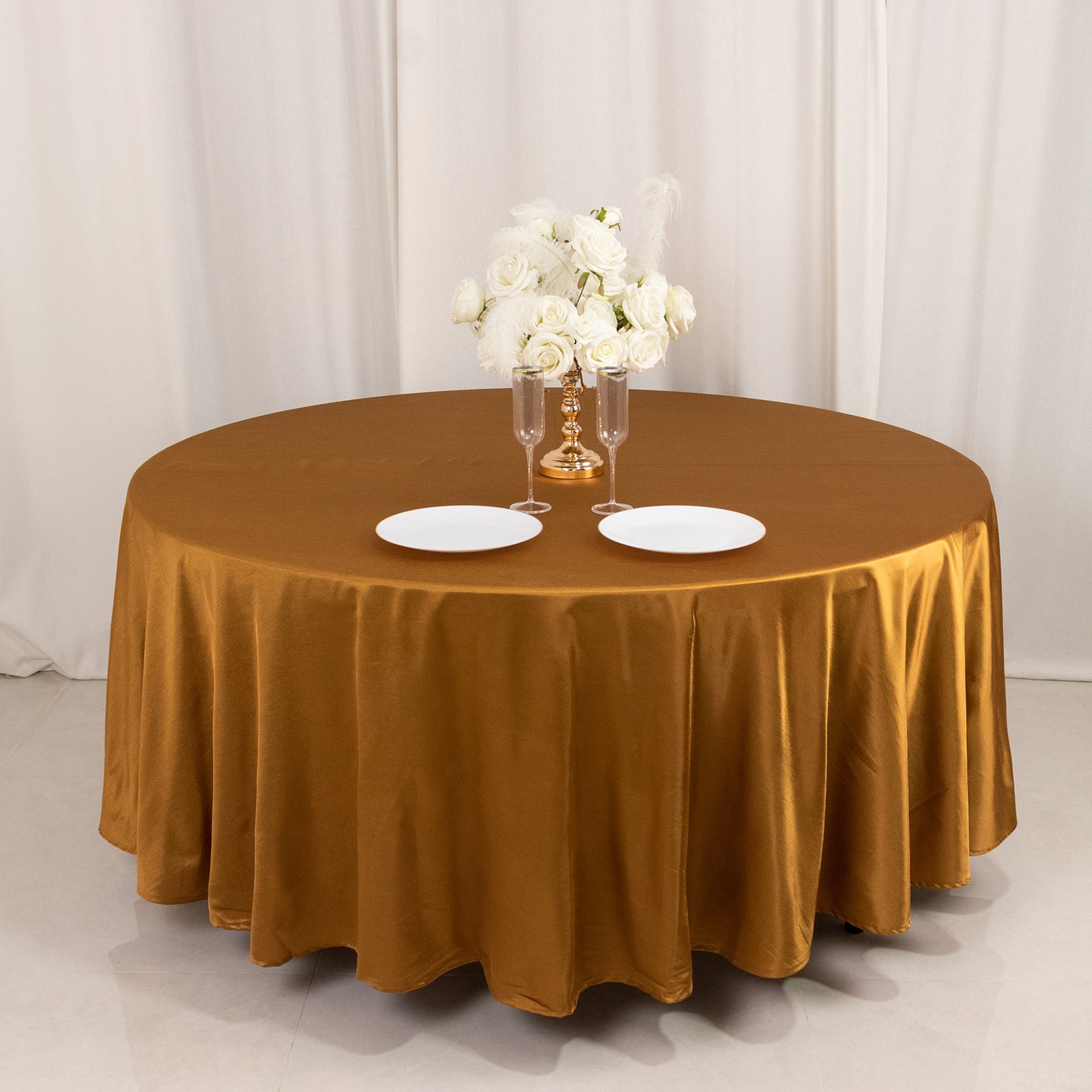 Exclusive Gold Shimmering 108' Round Scuba Tablecloth - Wrinkle & Stain Free for Weddings & Parties