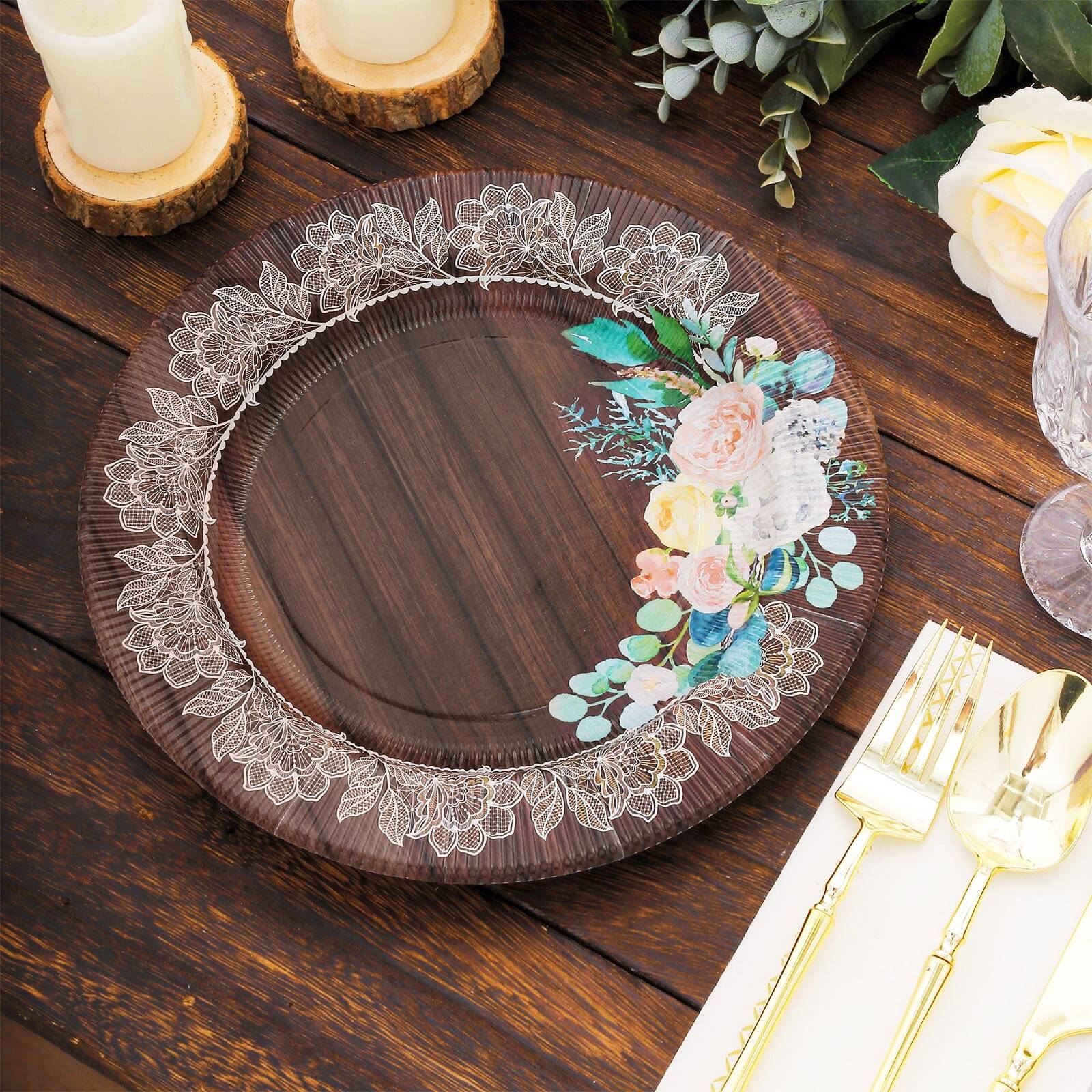 25-Piece Disposable 8-Inch Round Brown Wood Print Dessert Plates with Floral Lace Rim for Rustic Events