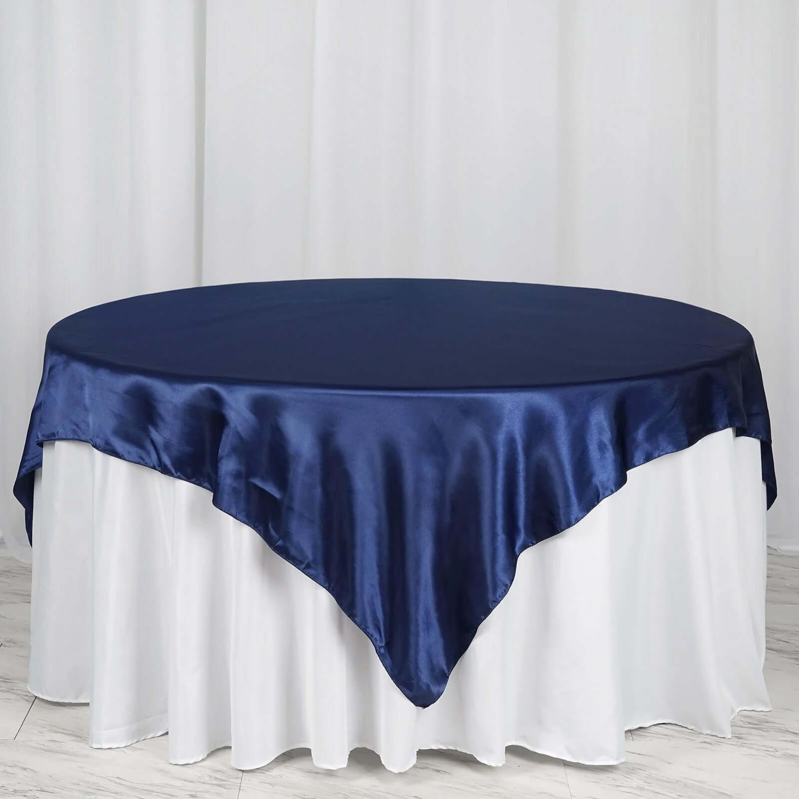 Navy Blue Satin 72x72 Square Table Overlay - Smooth Finish, Ideal for Events