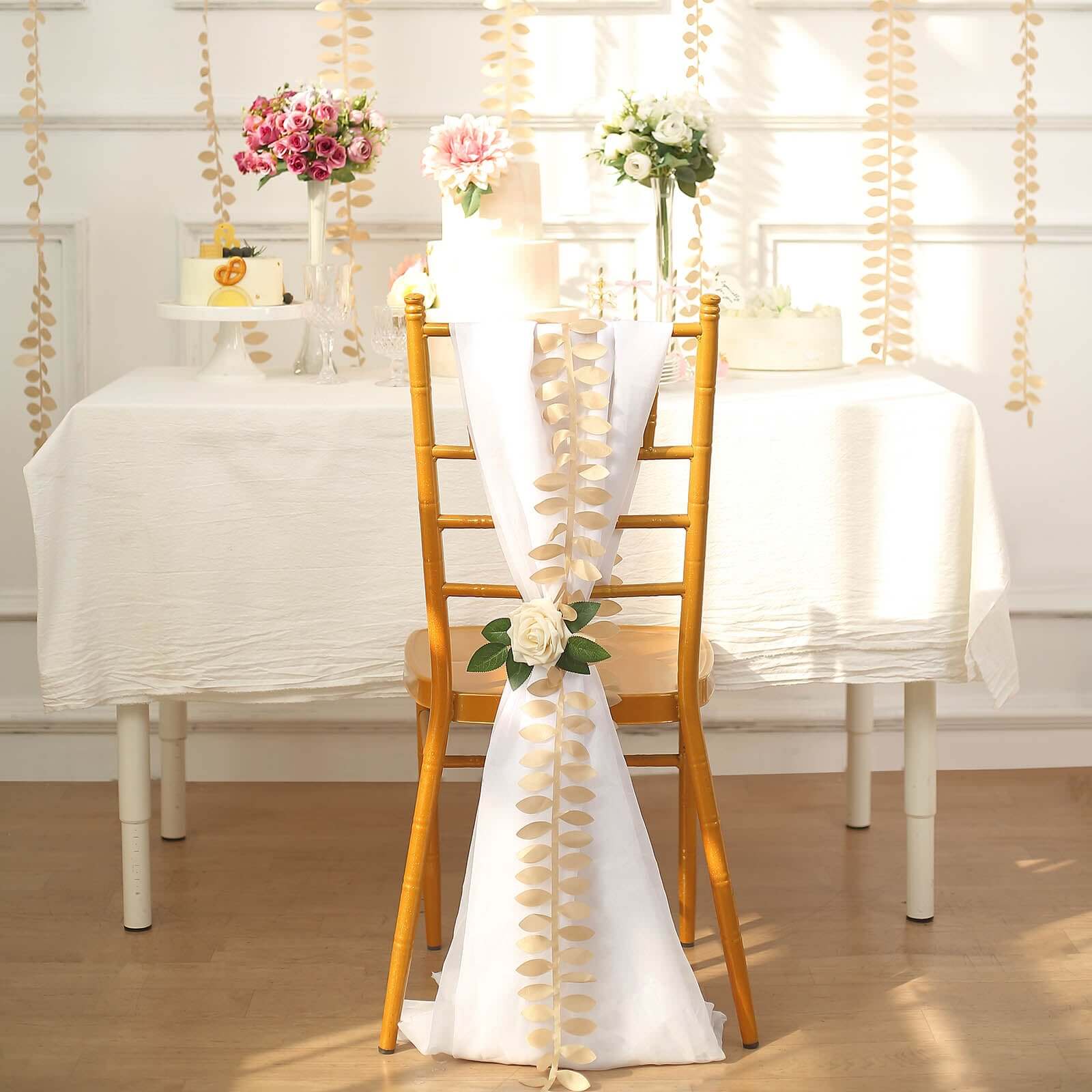 Champagne Taffeta Ribbon Sash with 4 - Leaf Petal Design, 50ft - Ideal for Decorations