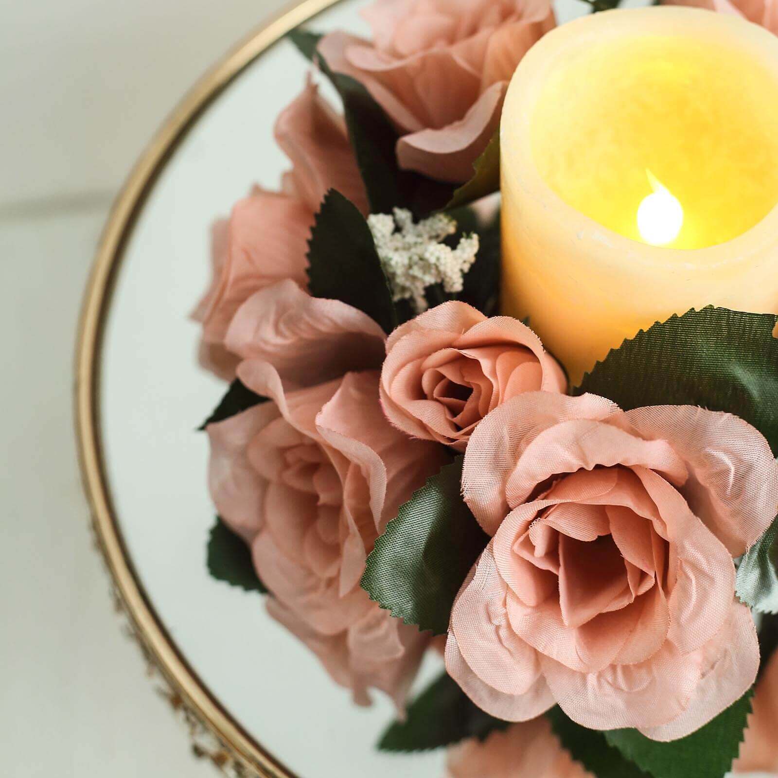 4-Pack Dusty Rose Artificial Silk Rose Flower Candle Rings - Perfect Decor!