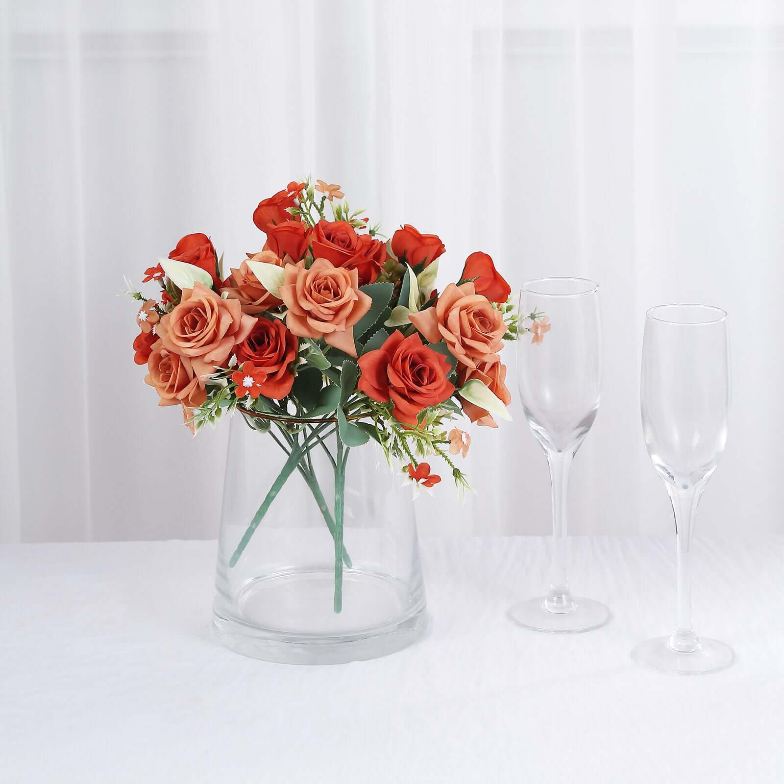 12-Inch Terracotta (Rust) Artificial Silk Rose Flower Bouquet with 4 Bushes for Decor