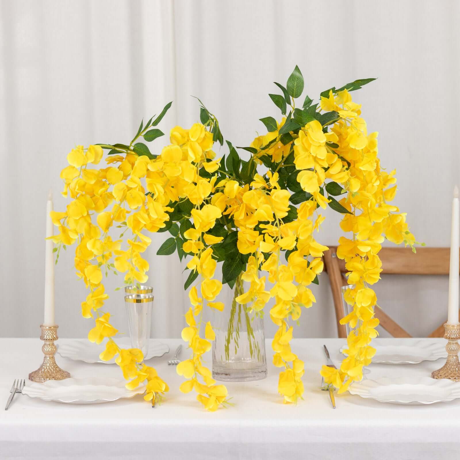 5-Pack Yellow Silk Wisteria Flower Garland Vines, 3 Hanging Strands per Bush, 44 Feet Long