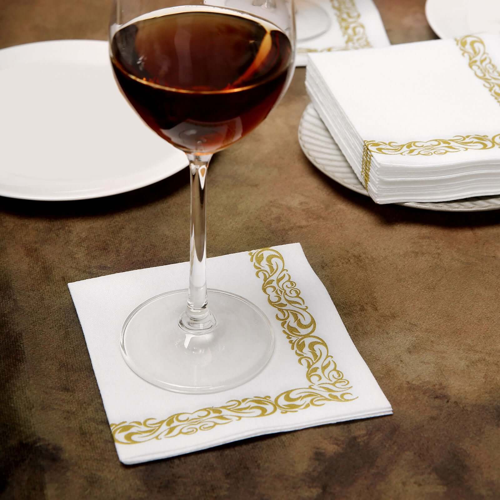 20-Pack Airlaid Party Napkins: White with Gold Scroll Floral Design - Soft & Absorbent