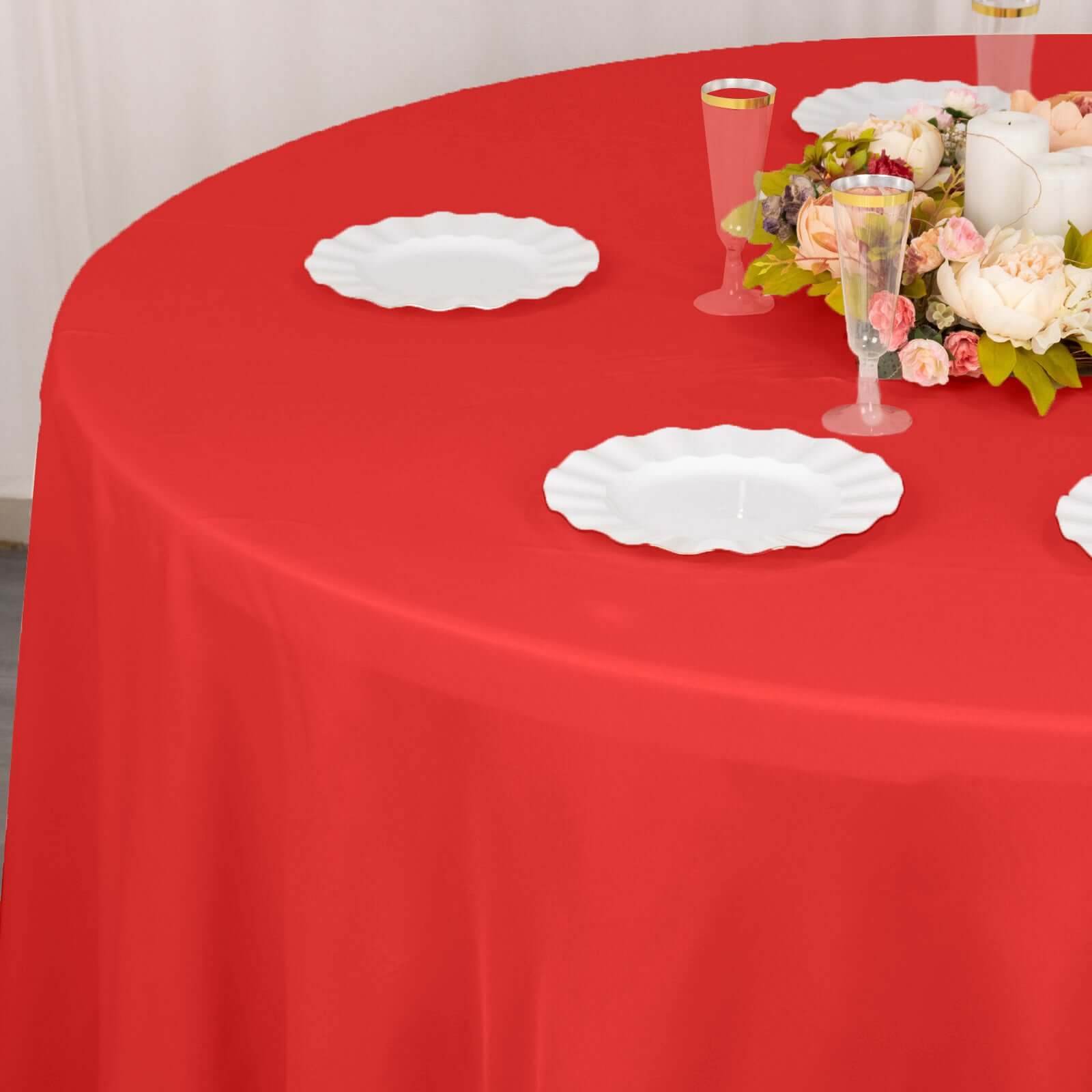 Hot! Seamless Red 132' Premium Polyester Round Tablecloth, 220GSM Wrinkle-Resistant