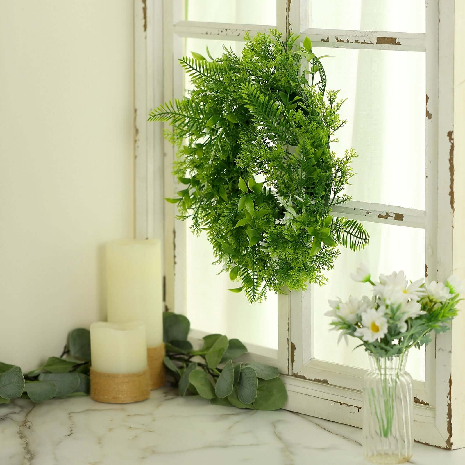 2-Pack Green Artificial Fern Leaf Candle Ring Wreaths - Ideal Decor