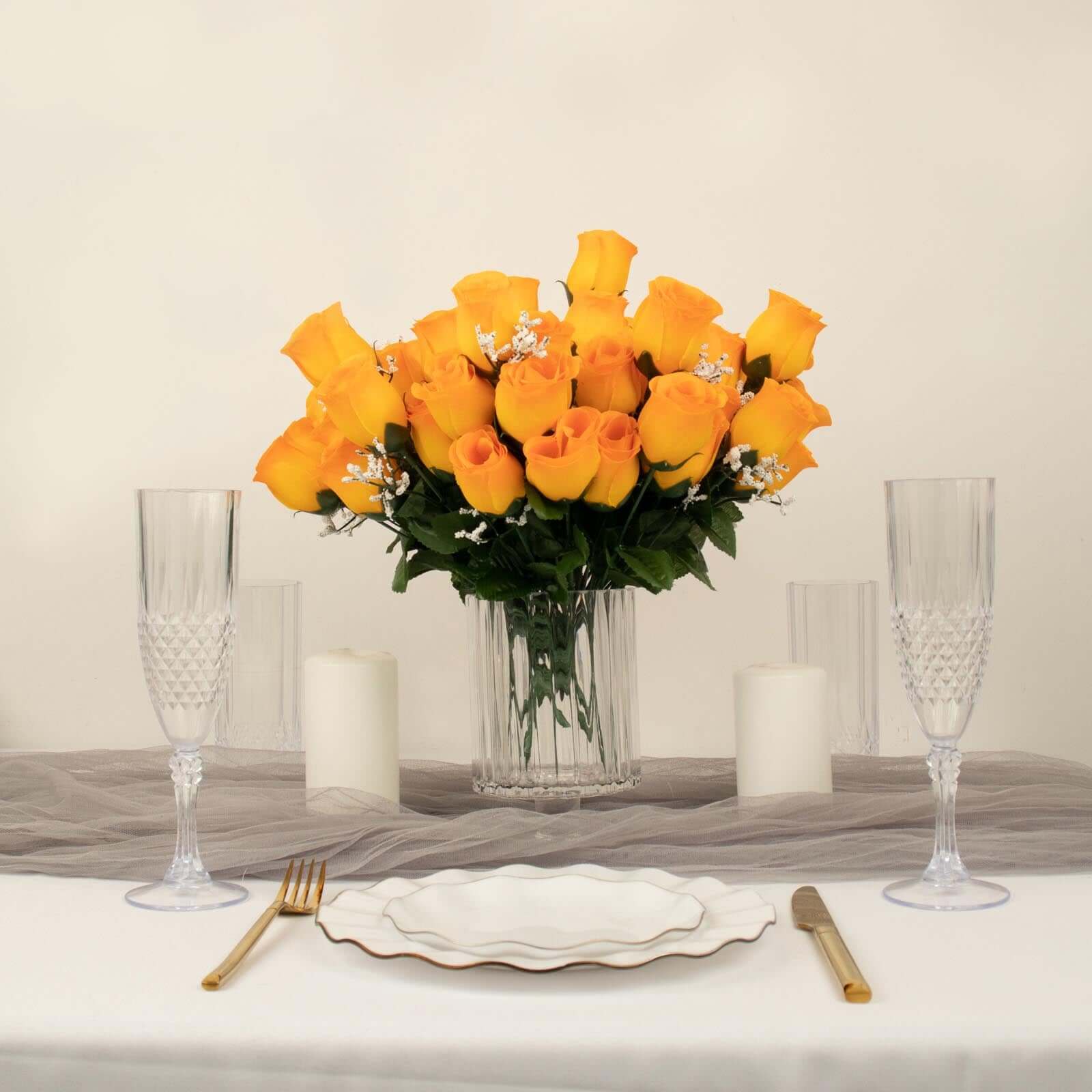 12 Bushes of Premium Orange Artificial Silk Rose Bud Bouquets