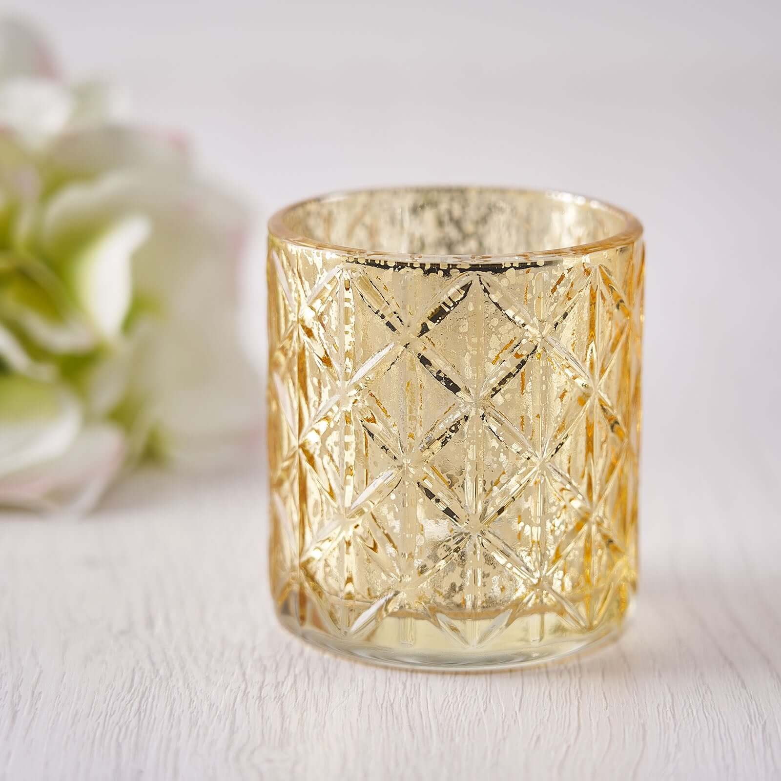 Hot Sale! 6-Piece Set of Shiny Gold Mercury Glass Votive Tealight Holders with Geometric Design