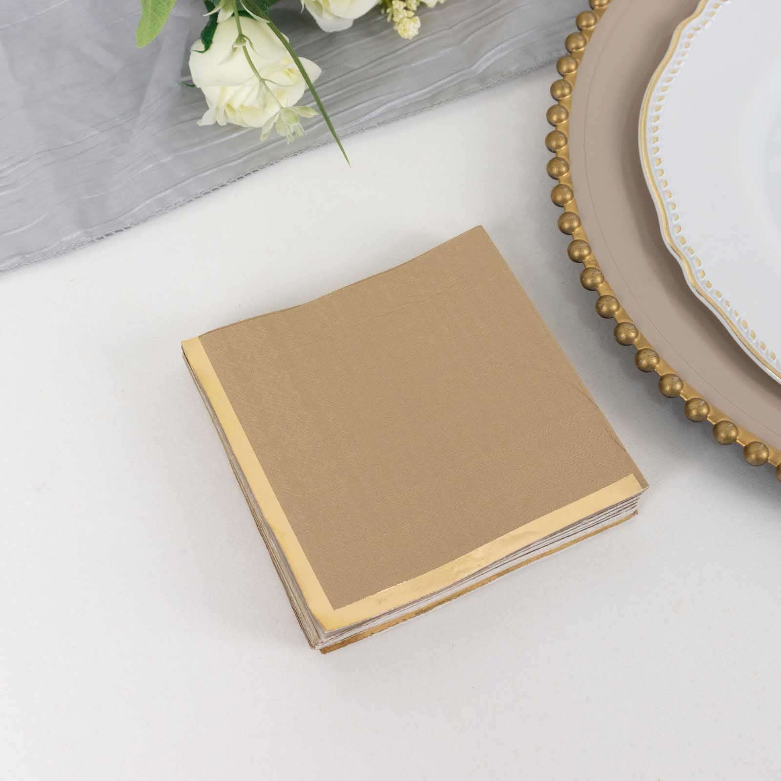 50-Piece 2-Ply Disposable Soft 18GSM Natural Paper Cocktail Napkins with Gold Foil Edge 5x5