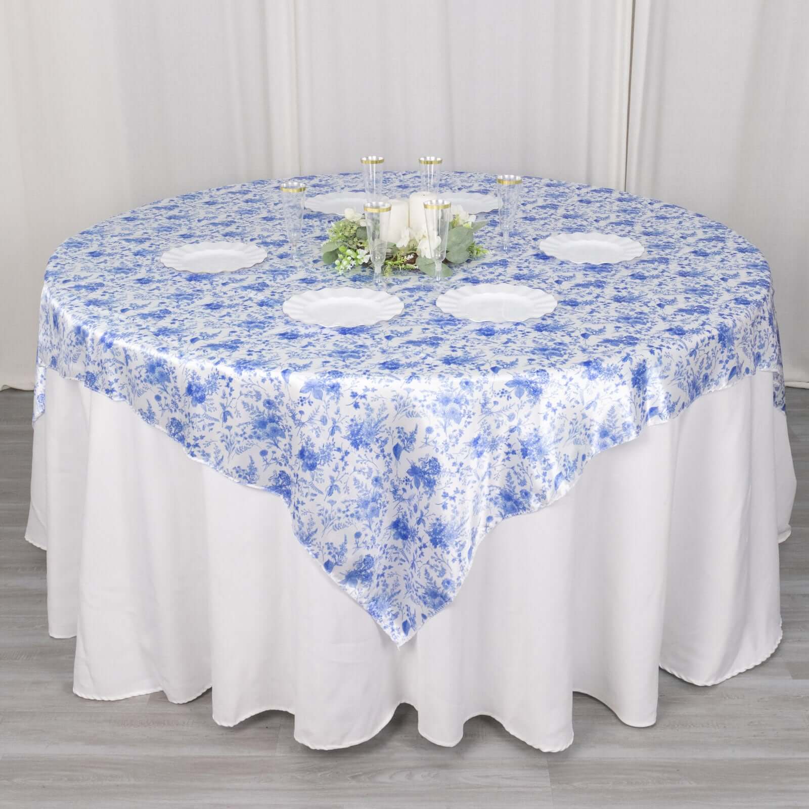 White and Blue Satin 72x72 Square Table Overlay with French Toile Floral for Elegant Celebrations