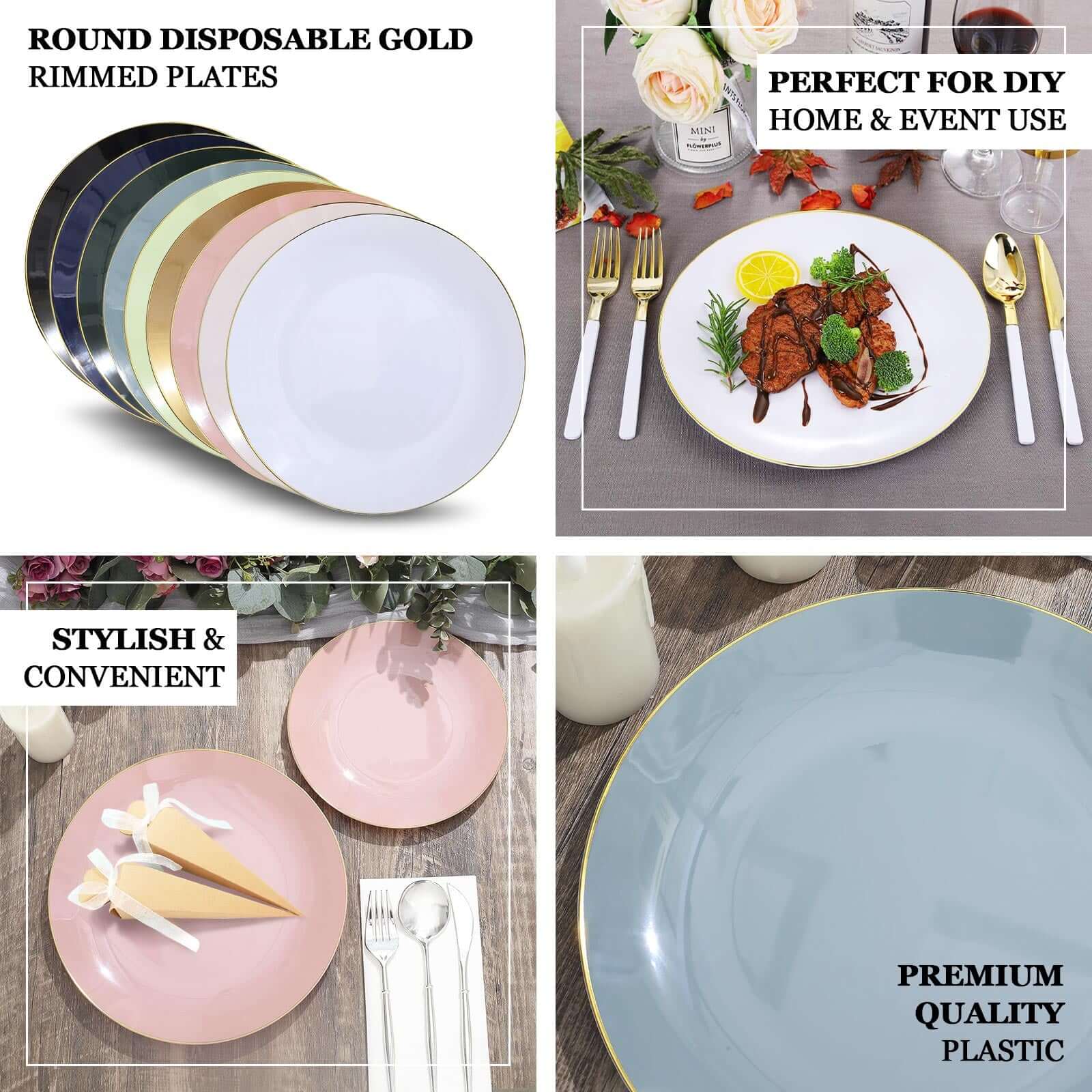 10-Piece Set of Glossy Disposable Dusty Rose Plastic Dinner Plates with Gold Rim