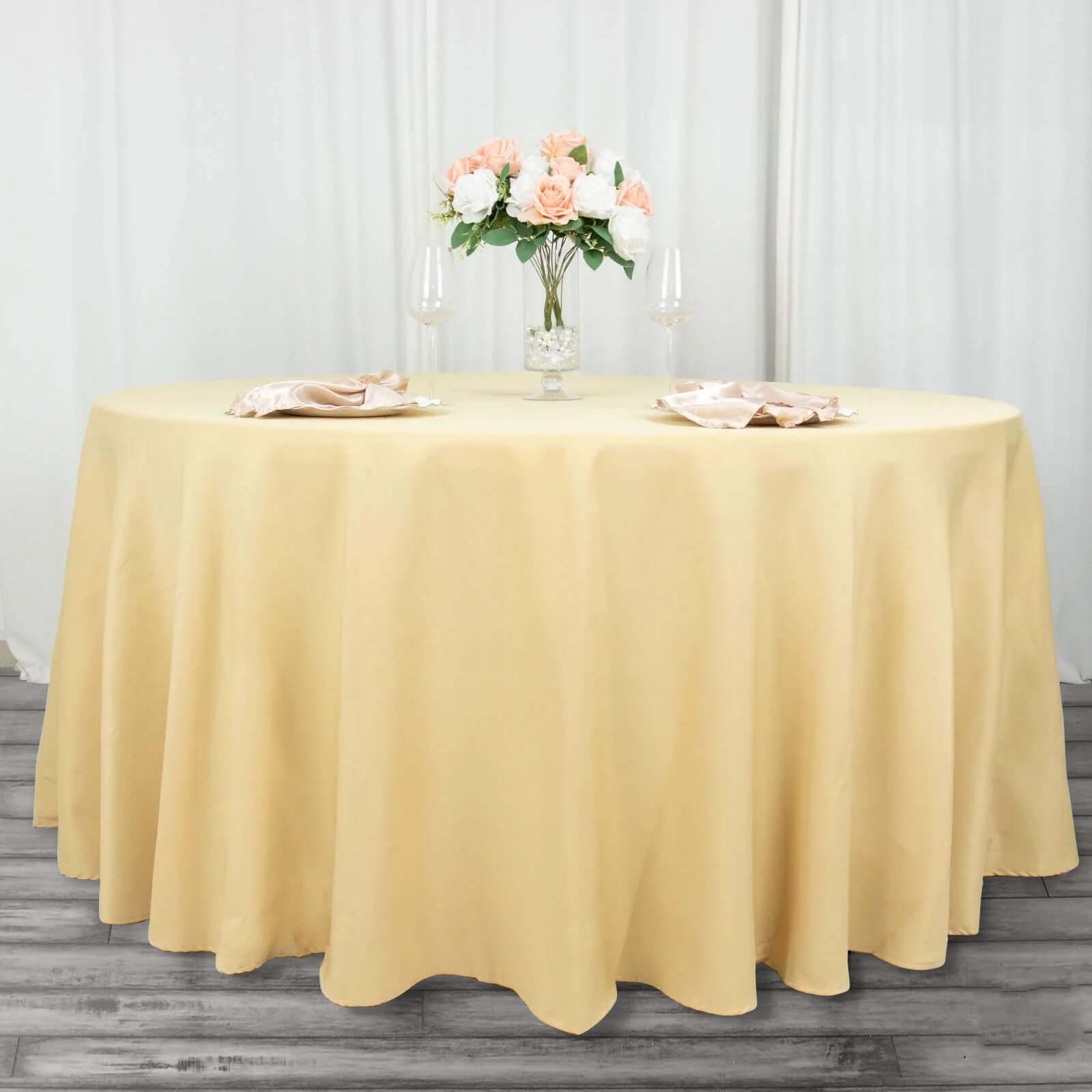 Hot! Seamless 220GSM Wrinkle-Resistant Champagne 120 Round Premium Polyester Tablecloth