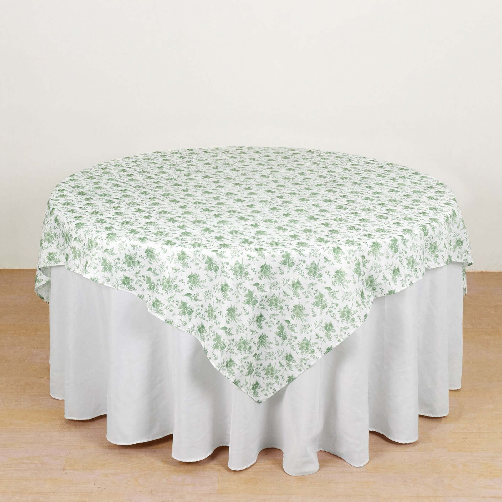 70x70 Polyester Square Table Overlay in Dusty Sage Green French Toile Pattern for Fine Dining