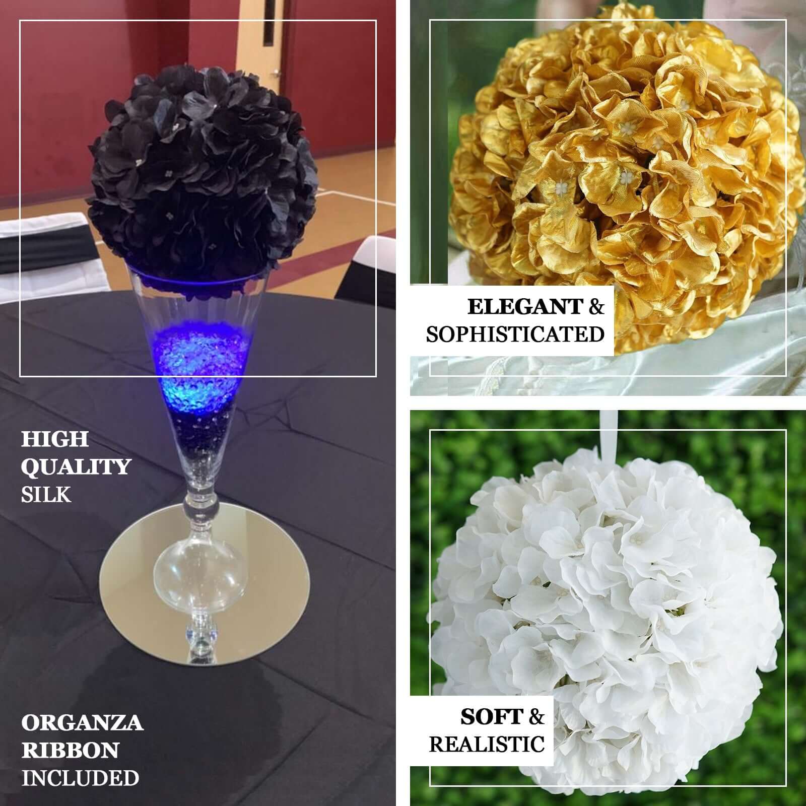 Special Offer! 4 Pack of 7-Inch Black Artificial Silk Hydrangea Kissing Flower Balls for Decor