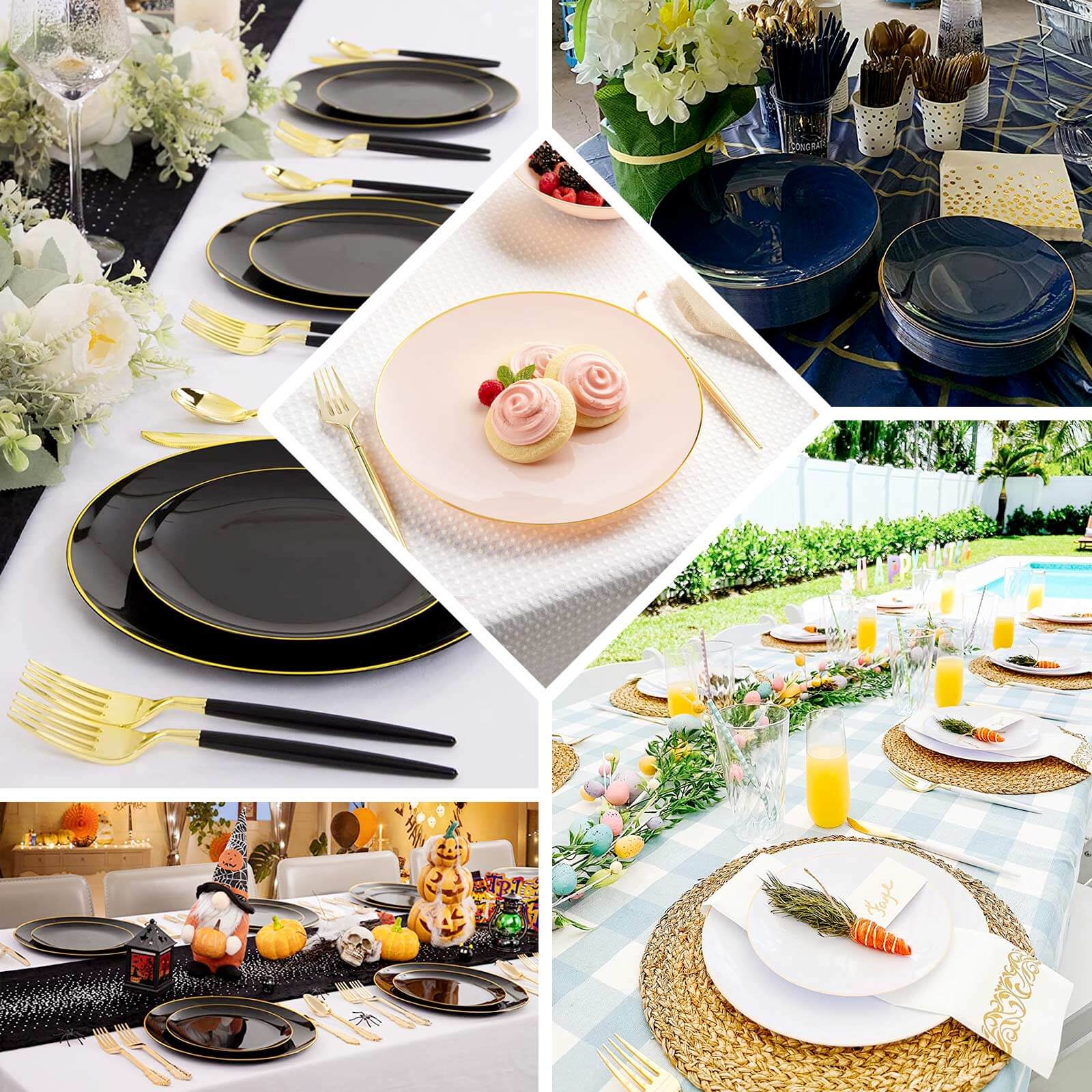 10-Piece Set of Glossy Disposable Dusty Rose Plastic Dinner Plates with Gold Rim