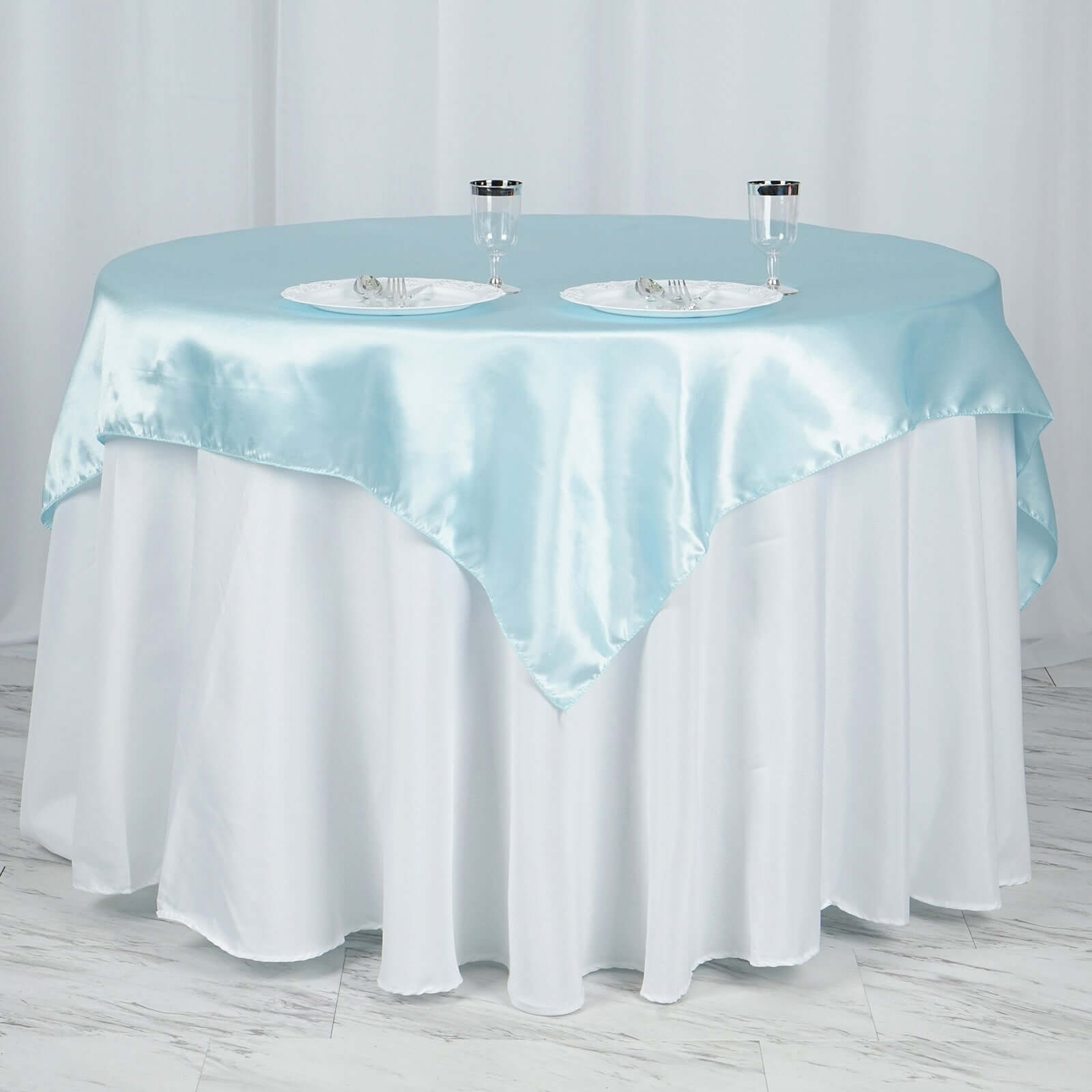 Light Blue Satin Square Table Overlay 60x60 - Smooth, Silky Touch Table Cover for Events
