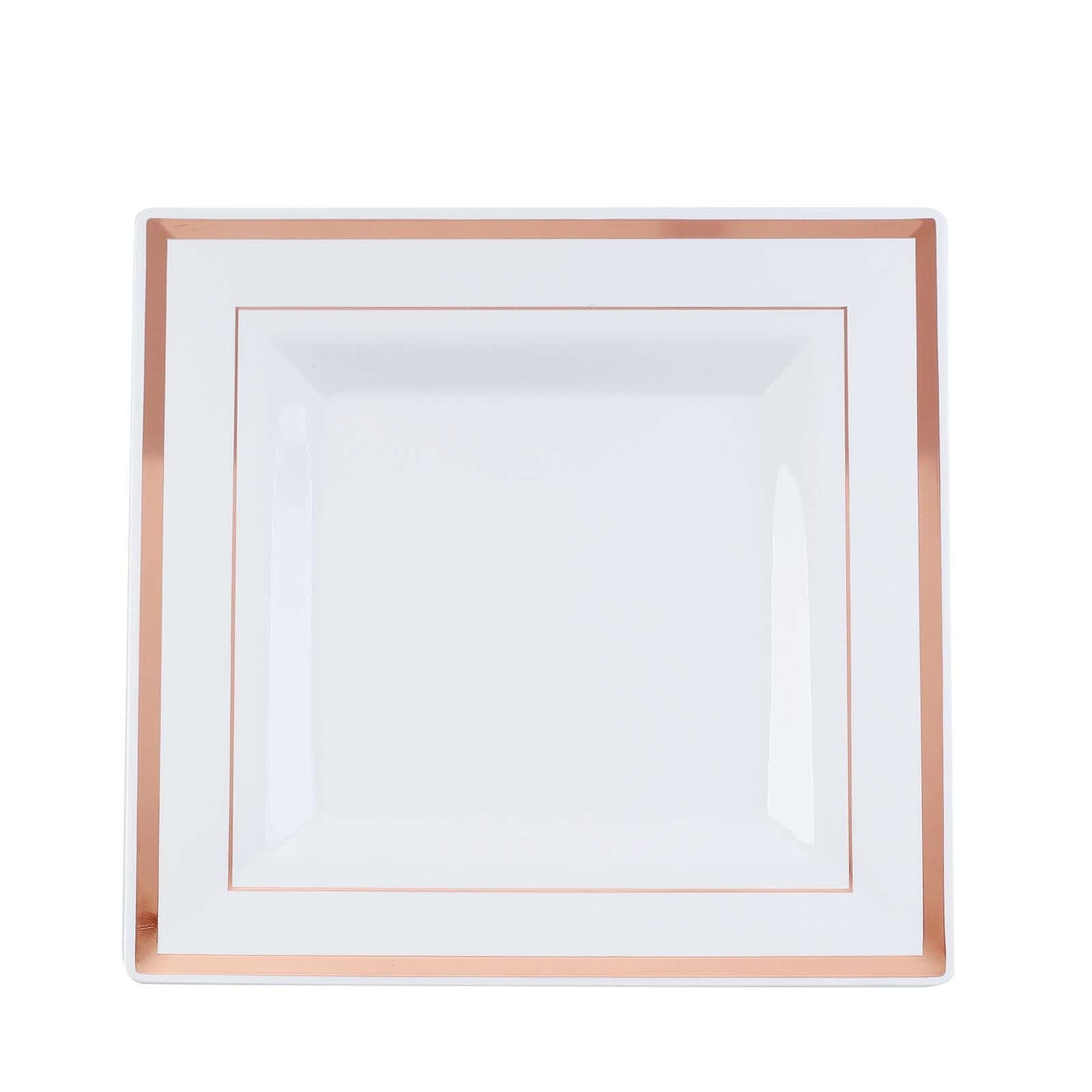 Hot Deal! 10-Pack White Square Plastic Dinner Plates with Rose Gold Trim for Events