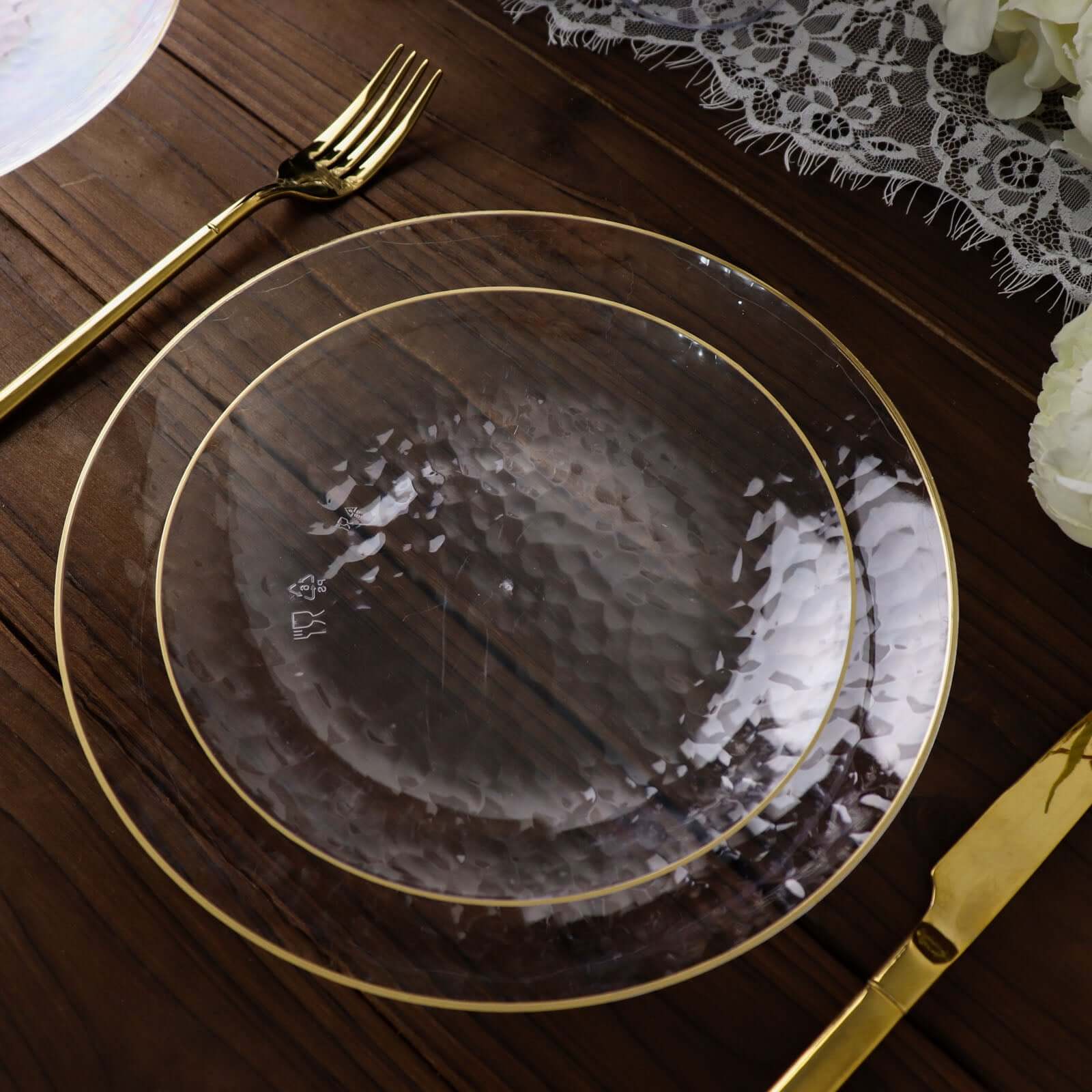 Hot Deal! 10-Pack Clear Plastic Round Dessert Plates with Hammered Gold Rim - Disposable & Modern