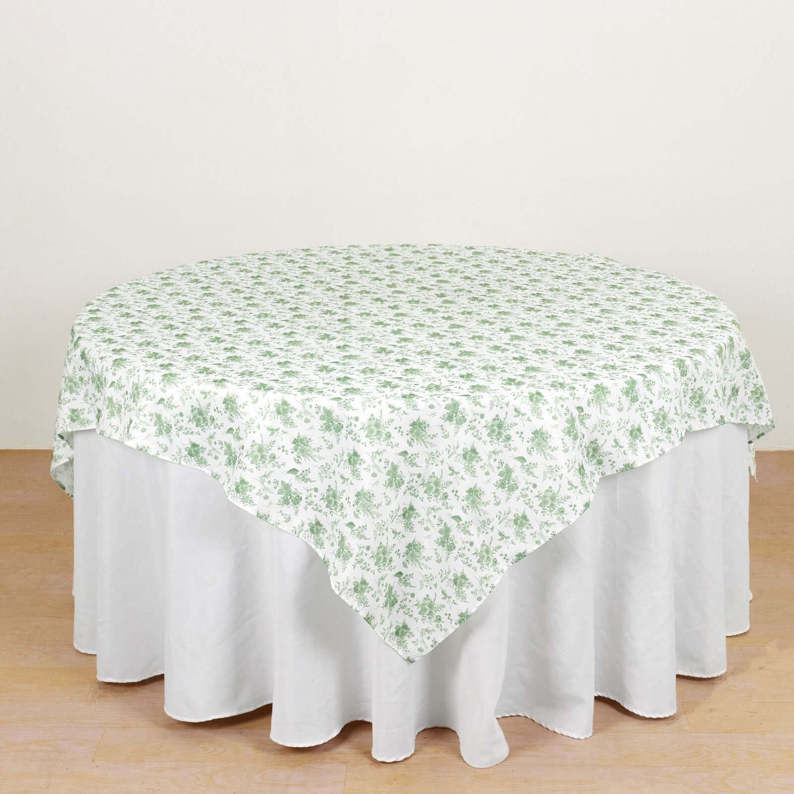 70x70 Polyester Square Table Overlay in Dusty Sage Green French Toile Pattern for Fine Dining