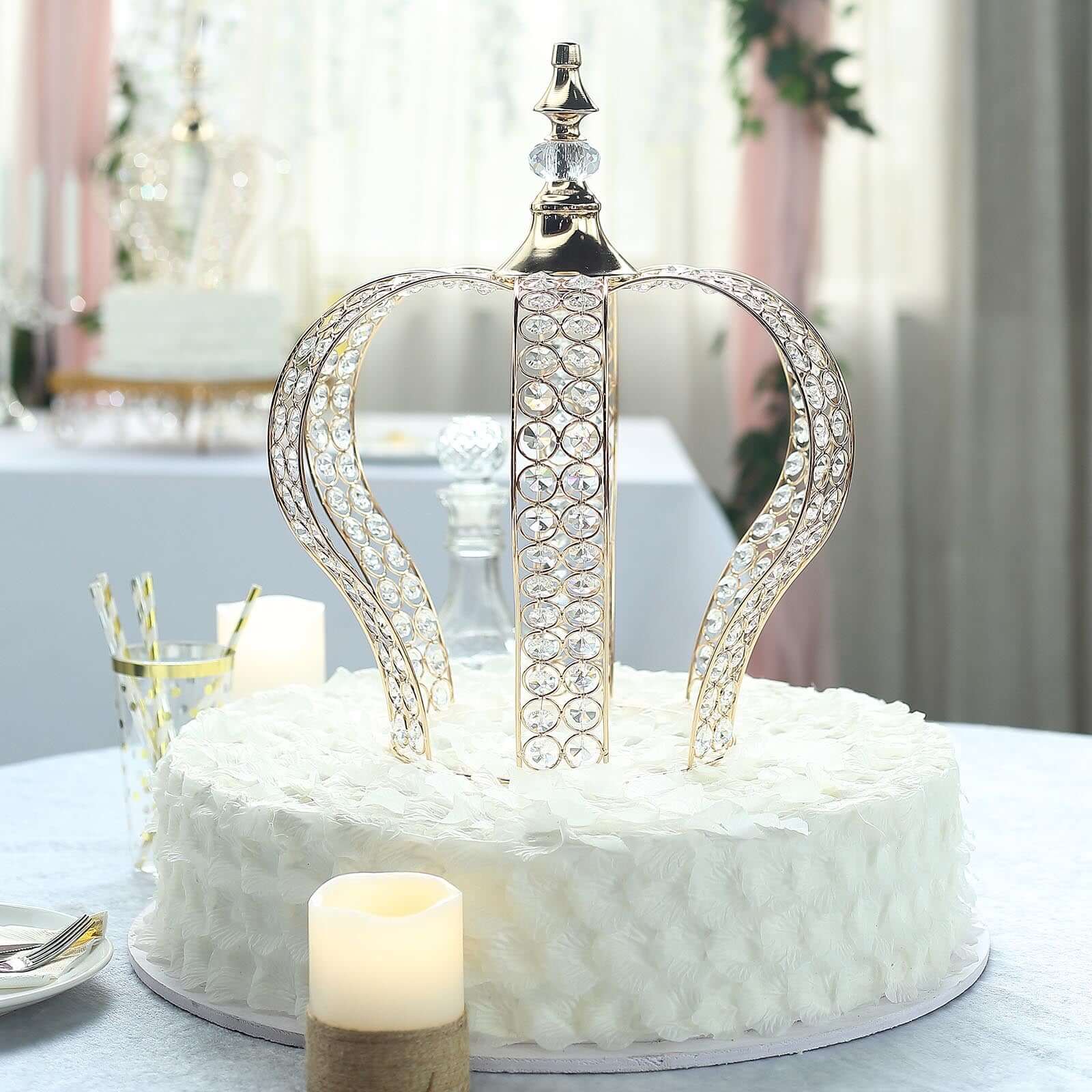 Metallic Gold Crystal-Bead Royal Crown Cake Topper - Ideal for Royal Baby Showers, Sweet 16 Cakes & Events