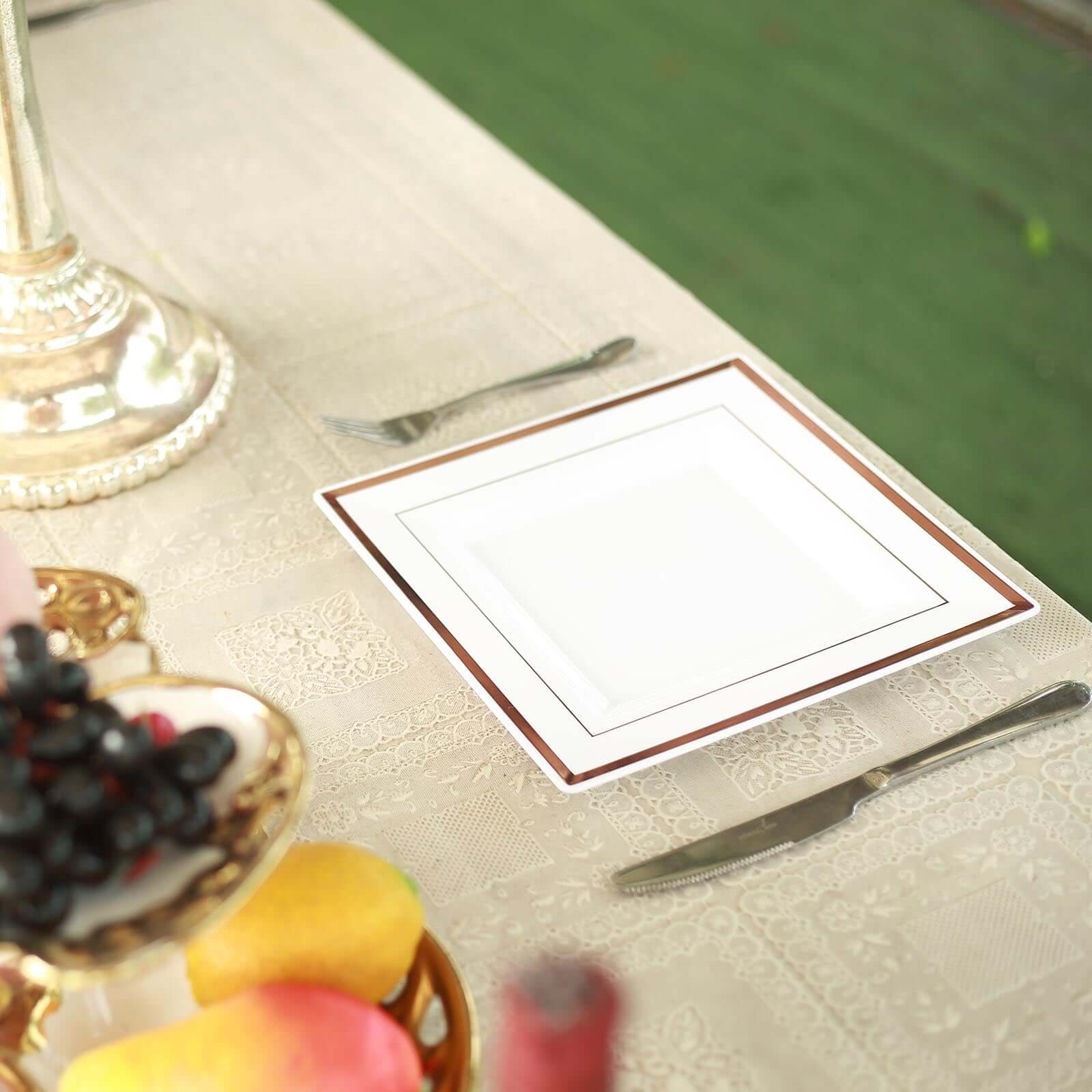Hot Deal! 10-Pack White Square Plastic Dinner Plates with Rose Gold Trim for Events