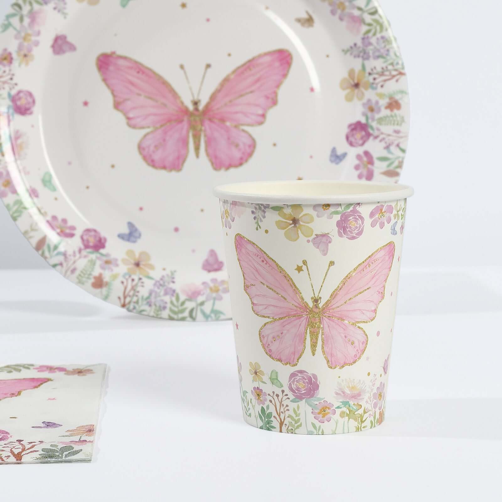 96-Piece Disposable Paper Dinnerware Set with Butterfly Print in White and Pink