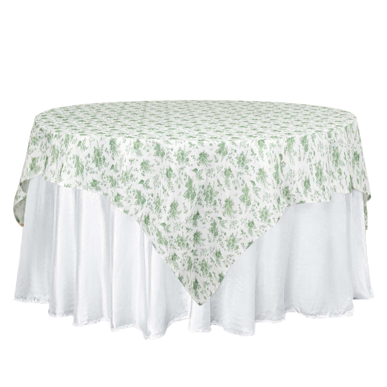 70x70 Polyester Square Table Overlay in Dusty Sage Green French Toile Pattern for Fine Dining