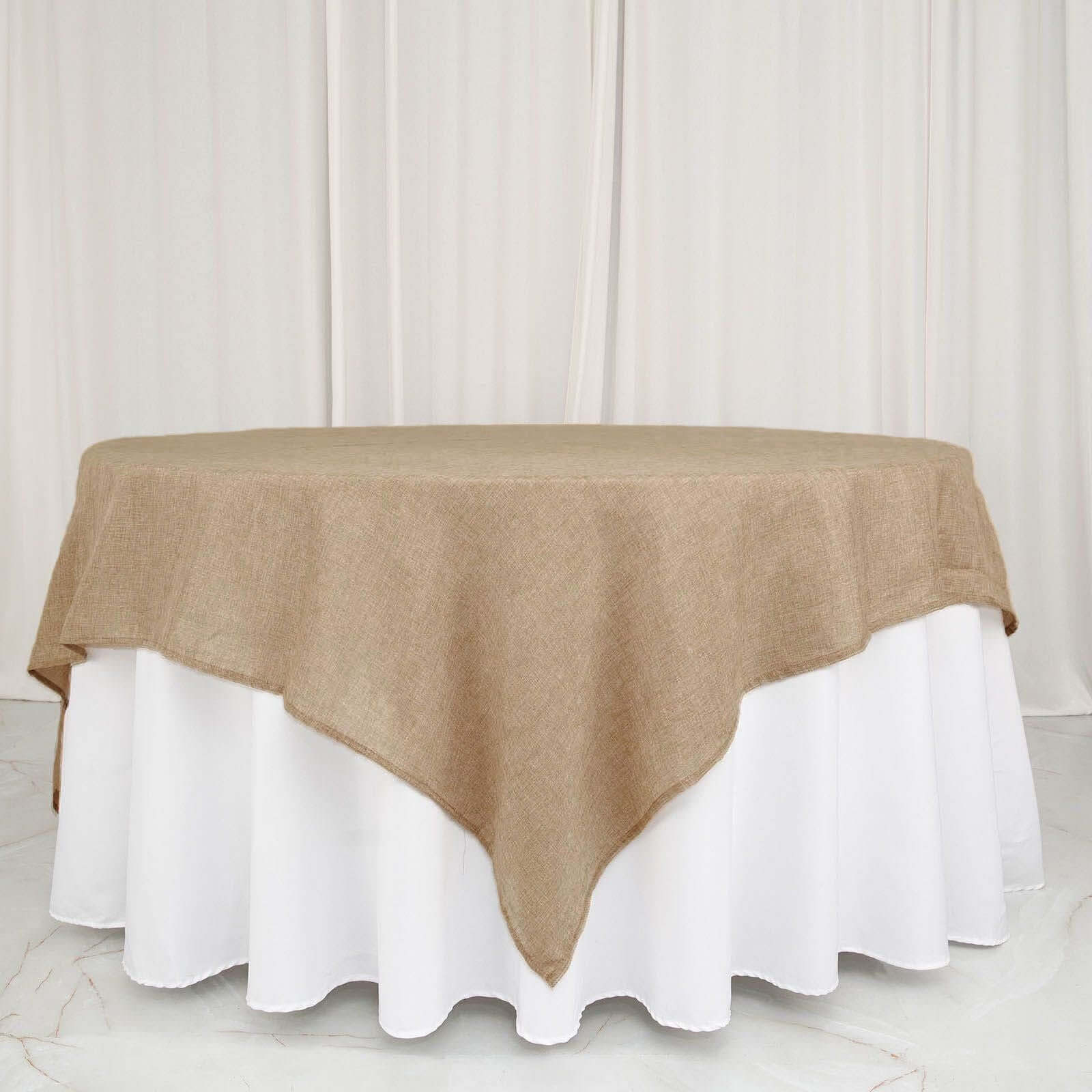 Hot Sale! Natural Faux Burlap 90x90 Square Table Overlay for Stylish Boho - Chic Celebrations