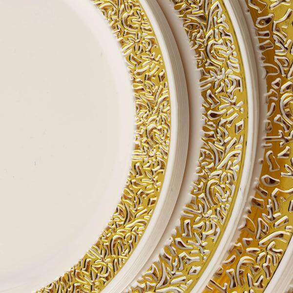 10-Pack Ivory Plastic Disposable Appetizer Plates with Gold Lace Rim, 6 Inches