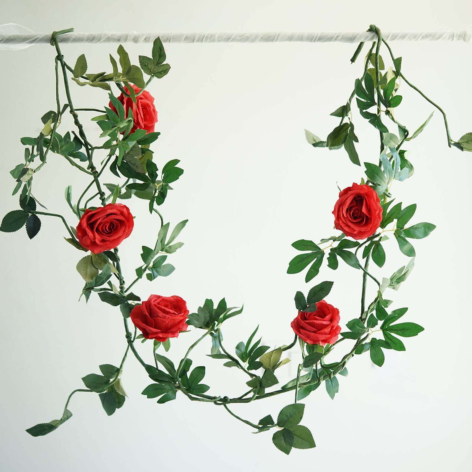 6ft Realistic Red Silk Artificial Rose and Leaf Flower Garland Vine