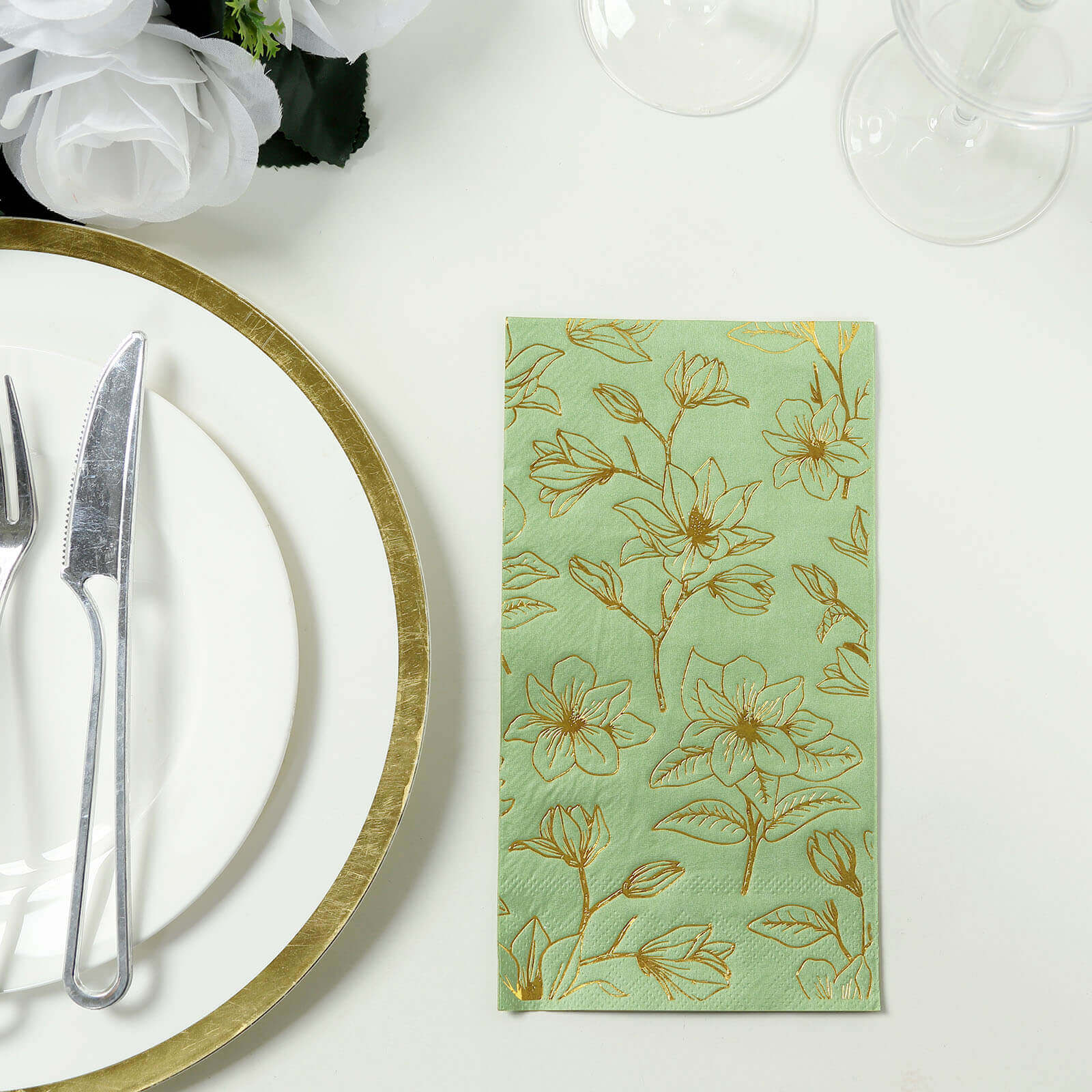 50-Pack Disposable 2-Ply Paper Dinner Napkins: Sage Green with Gold Magnolia Prints - Ideal for Parties