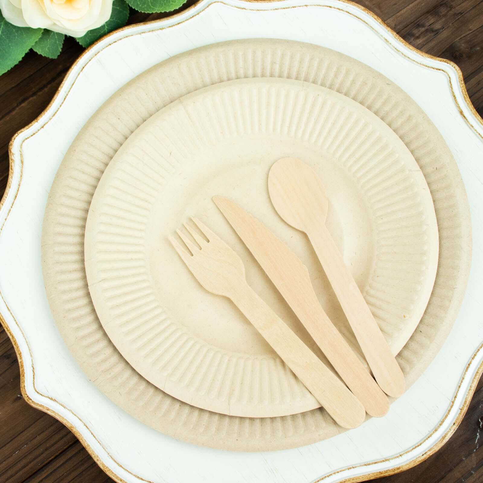 50-Piece Set of Natural 8-Inch Round Bagasse Dessert Plates with Ribbed Edge