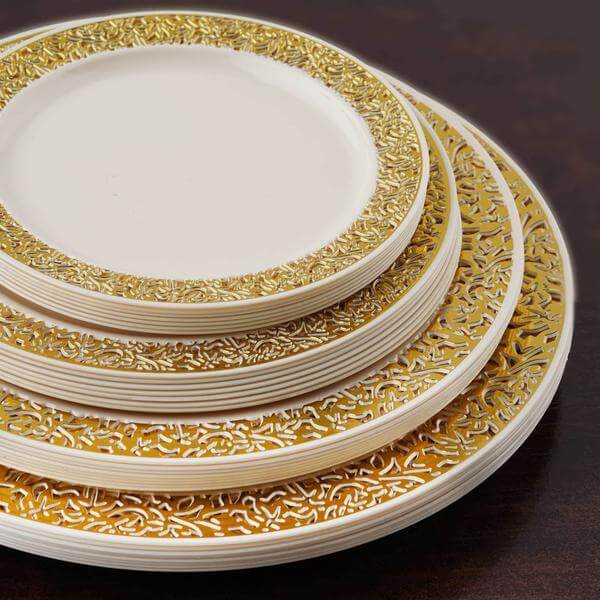 10-Pack Ivory Plastic Disposable Appetizer Plates with Gold Lace Rim, 6 Inches