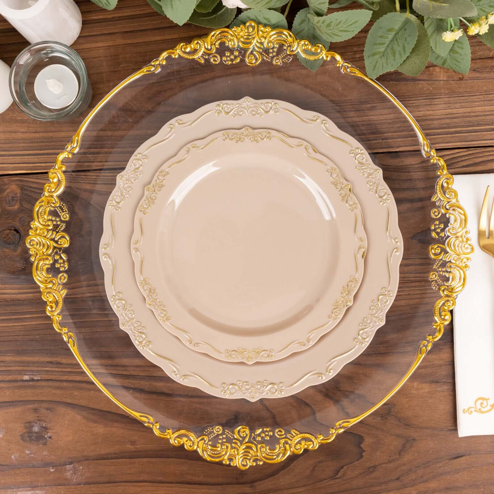 10-Pack Taupe Plastic Round Dessert Plates with Gold Vintage Embossed Scalloped Edge