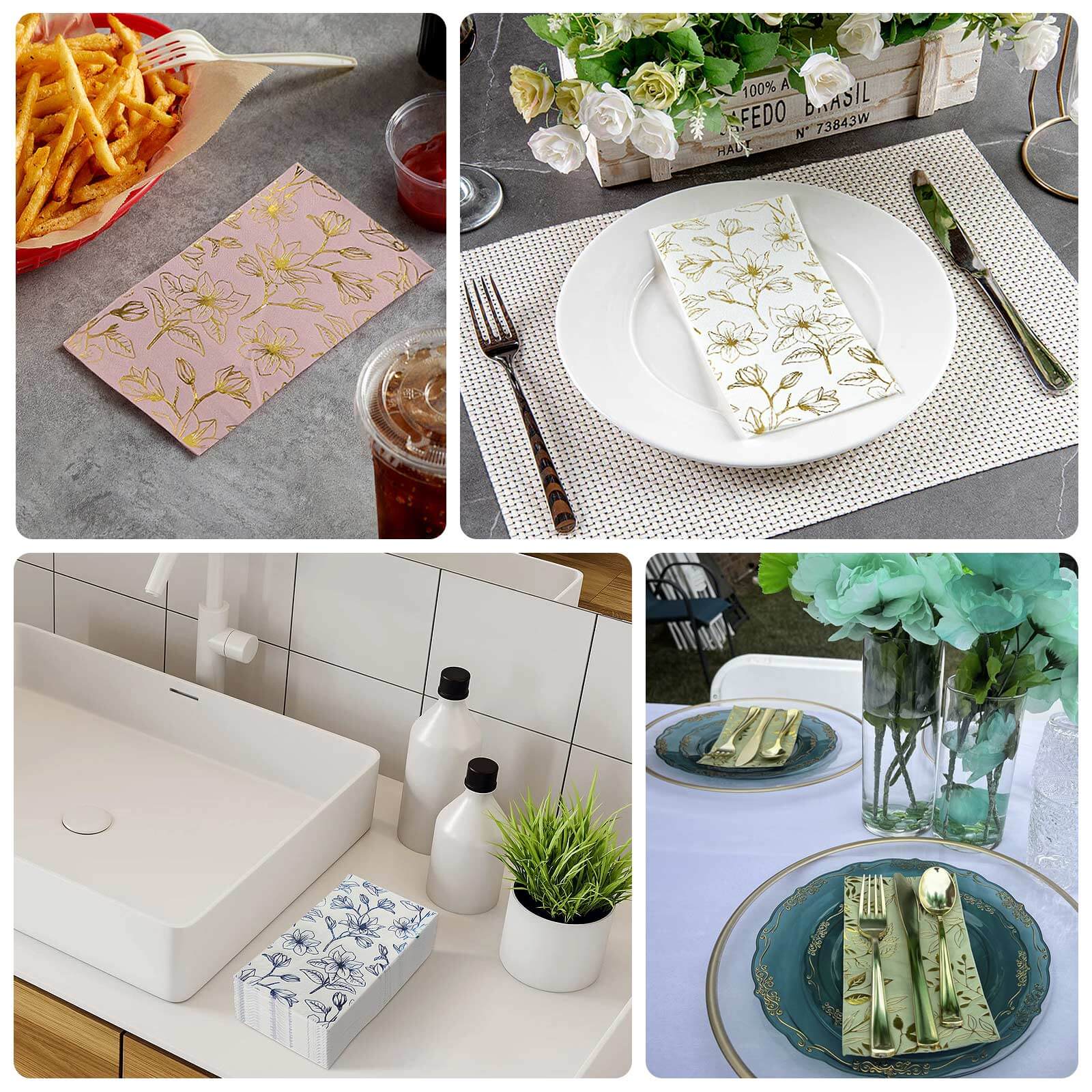 50-Pack Disposable 2-Ply Paper Dinner Napkins: Sage Green with Gold Magnolia Prints - Ideal for Parties