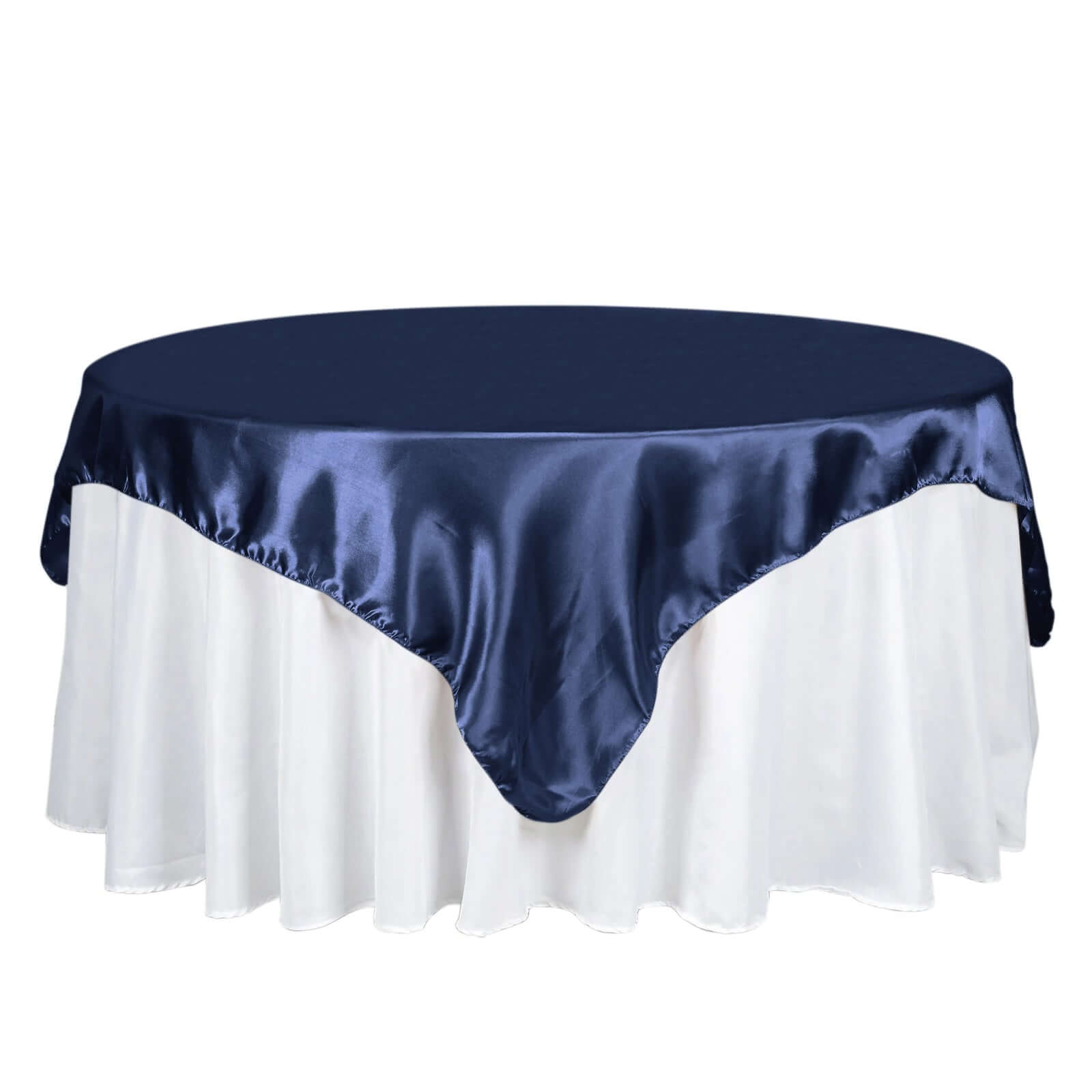 Navy Blue Satin 72x72 Square Table Overlay - Smooth Finish, Ideal for Events